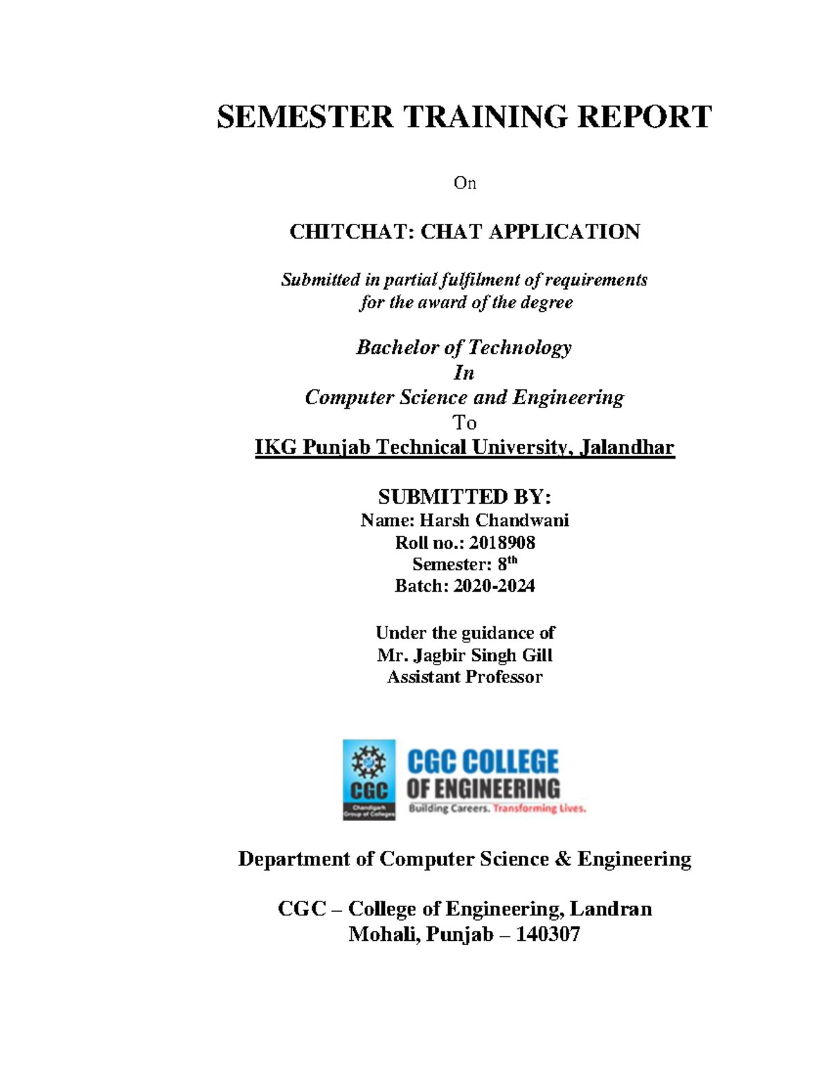 Chatting Application - SEMESTER TRAINING REPORT On CHITCHAT: CHAT ...