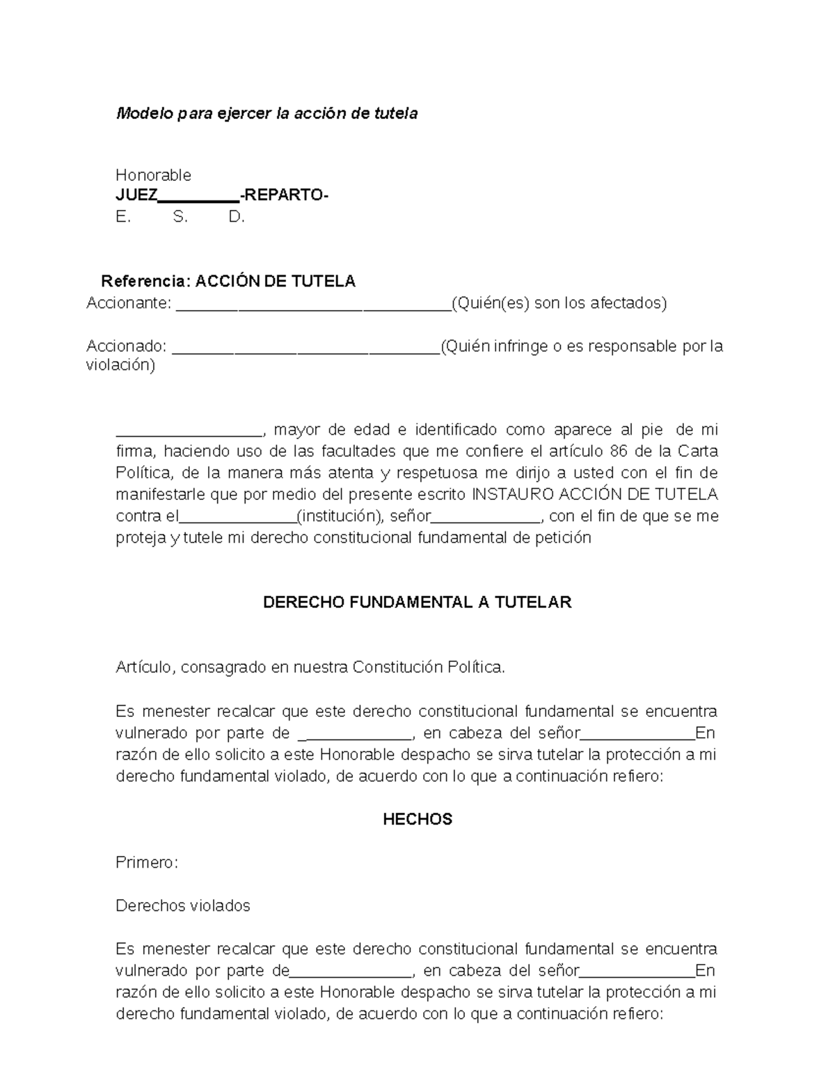 Accion de tutela - Modelo para ejercer la acción de tutela Honorable ...