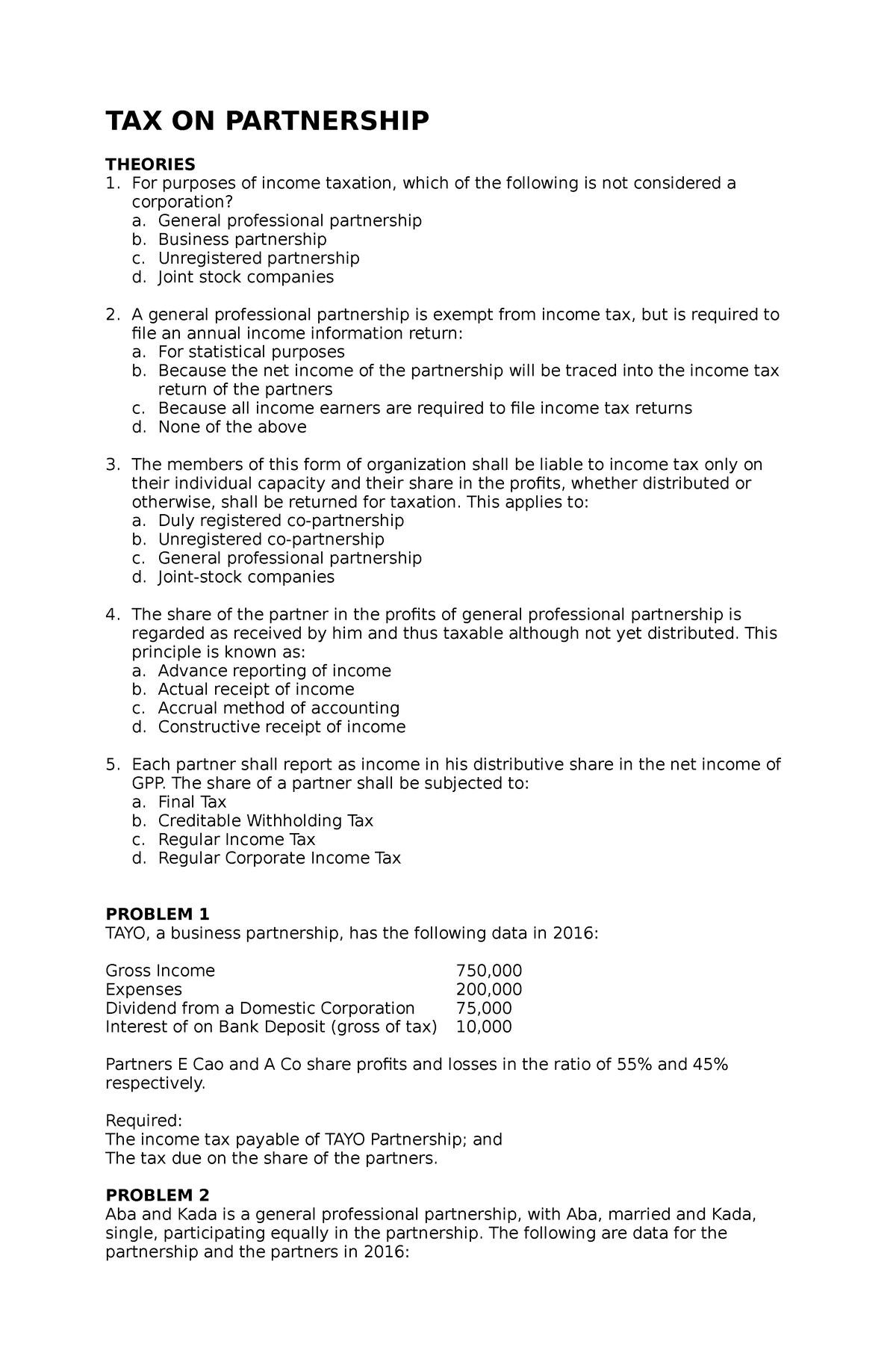 373980762 Tax On Partnership - TAX ON PARTNERSHIP THEORIES For Purposes ...