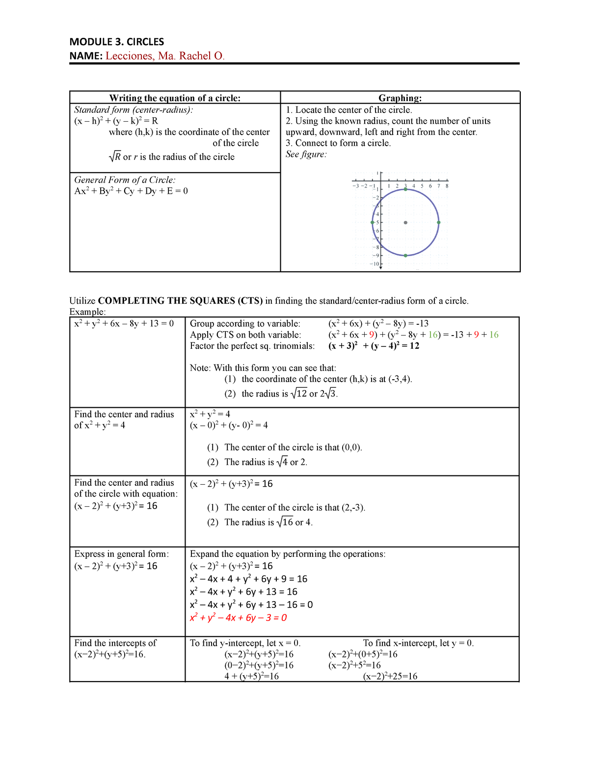 Module 3 - Geometry - MODULE 3. CIRCLES NAME: Lecciones, Ma. Rachel O ...