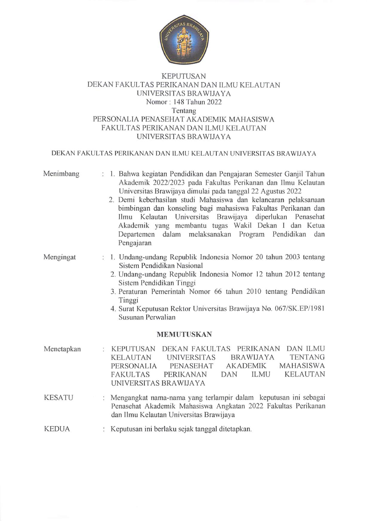 SK Penasehat Akademik Mahasiswa Angkatan 2022 - Menejemen Ekosistem ...