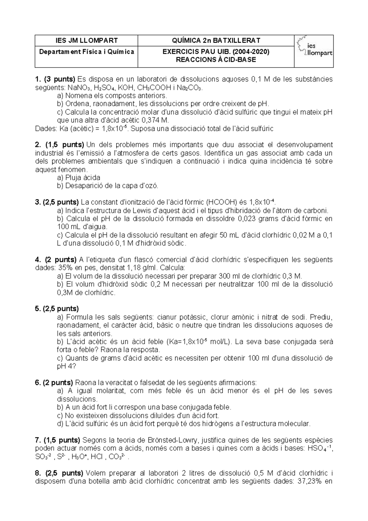Examens selectivitat quimica. Acid-base - IES JM LLOMPART QUÍMICA 2n ...