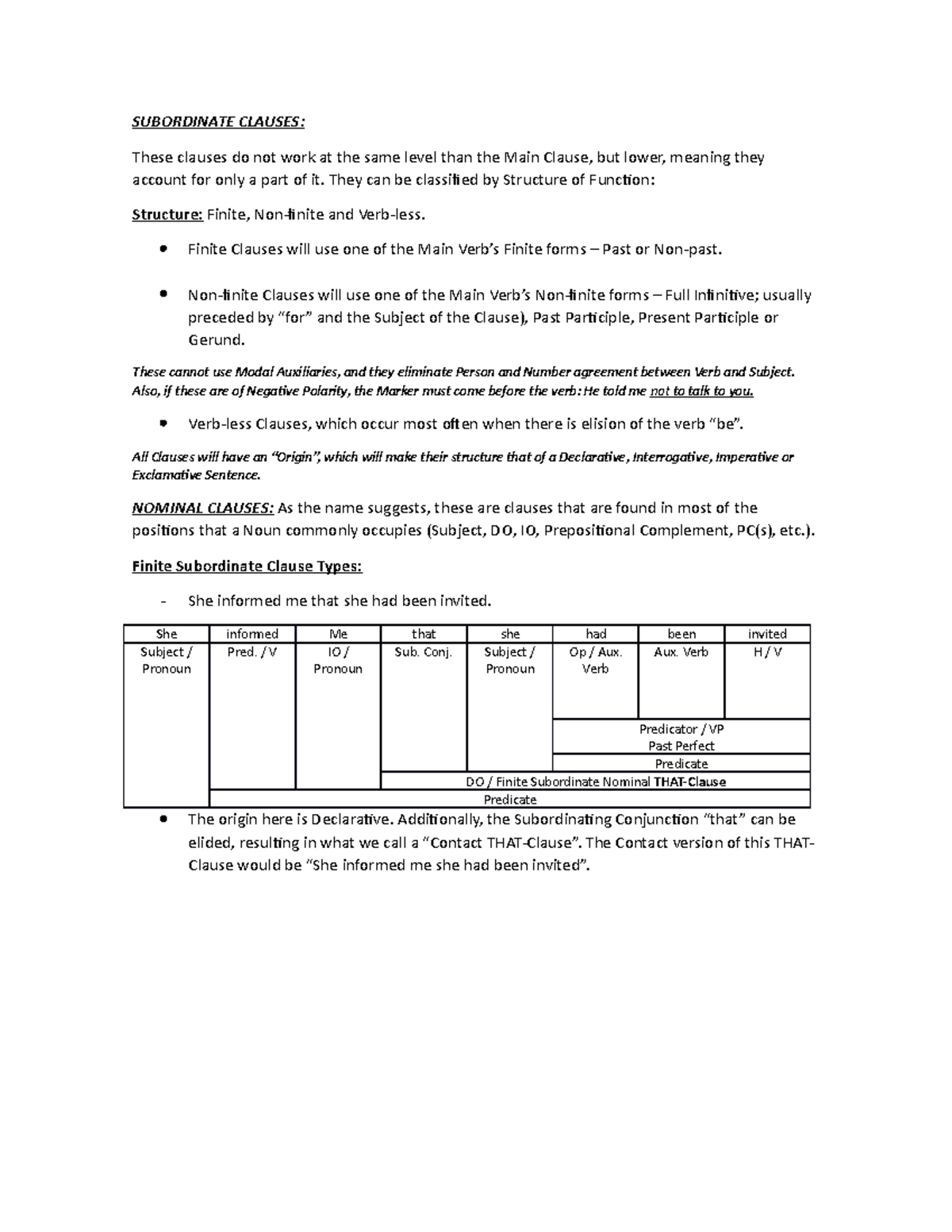 M Summary No. 2 - Syntax - SUBORDINATE CLAUSES: These clauses do not ...