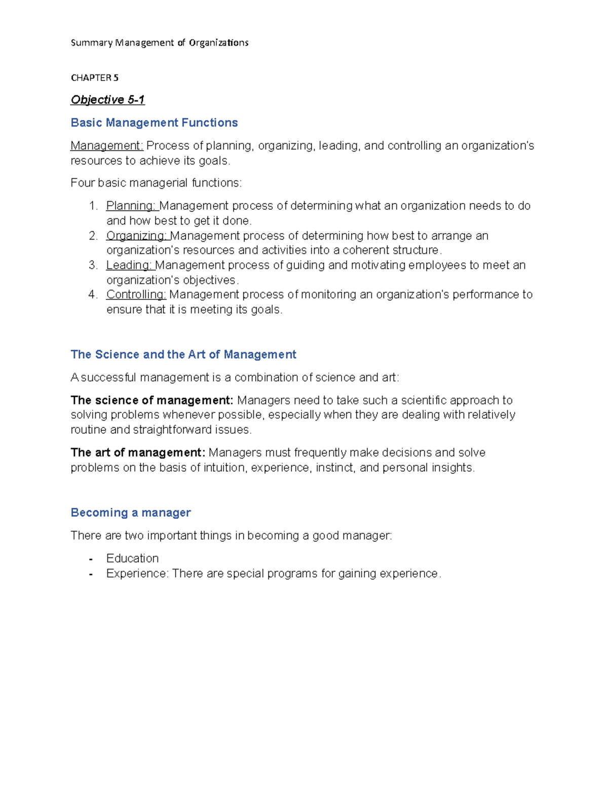 Summary Management of Organizations - CHAPTER 5 Objective 5- Basic ...