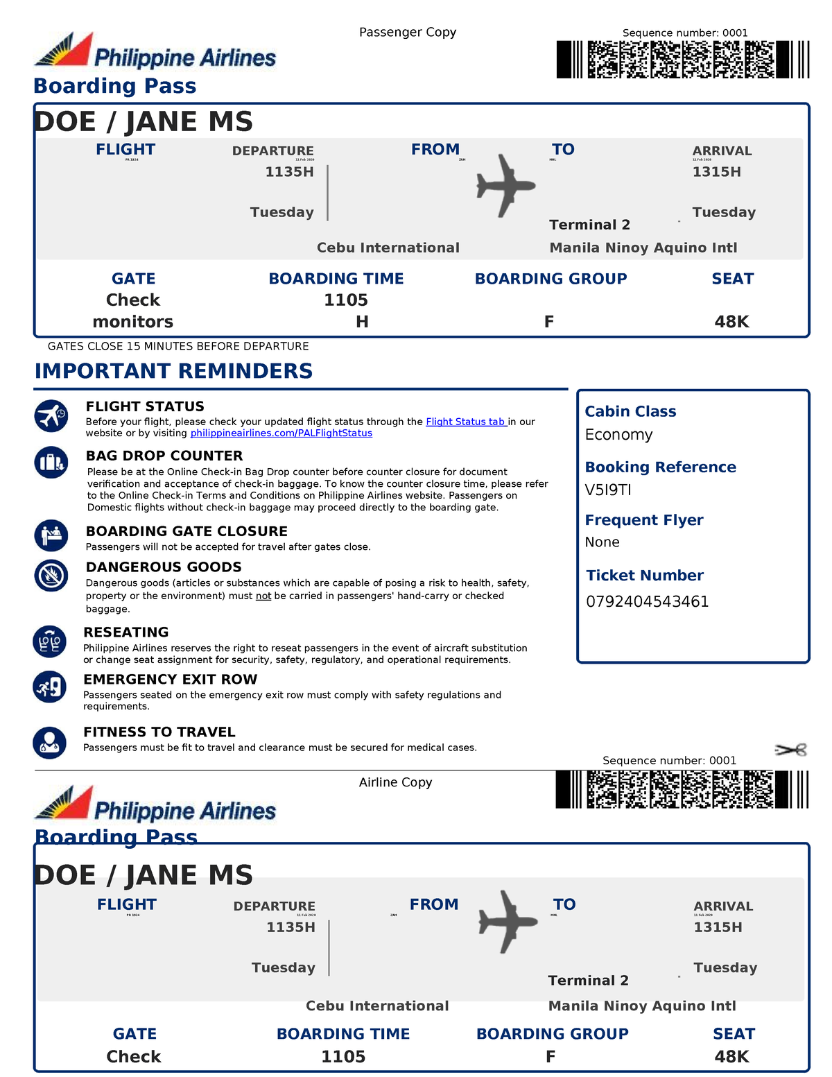 Plane ticket template 07 - Passenger Copy Sequence number: 0001 ...