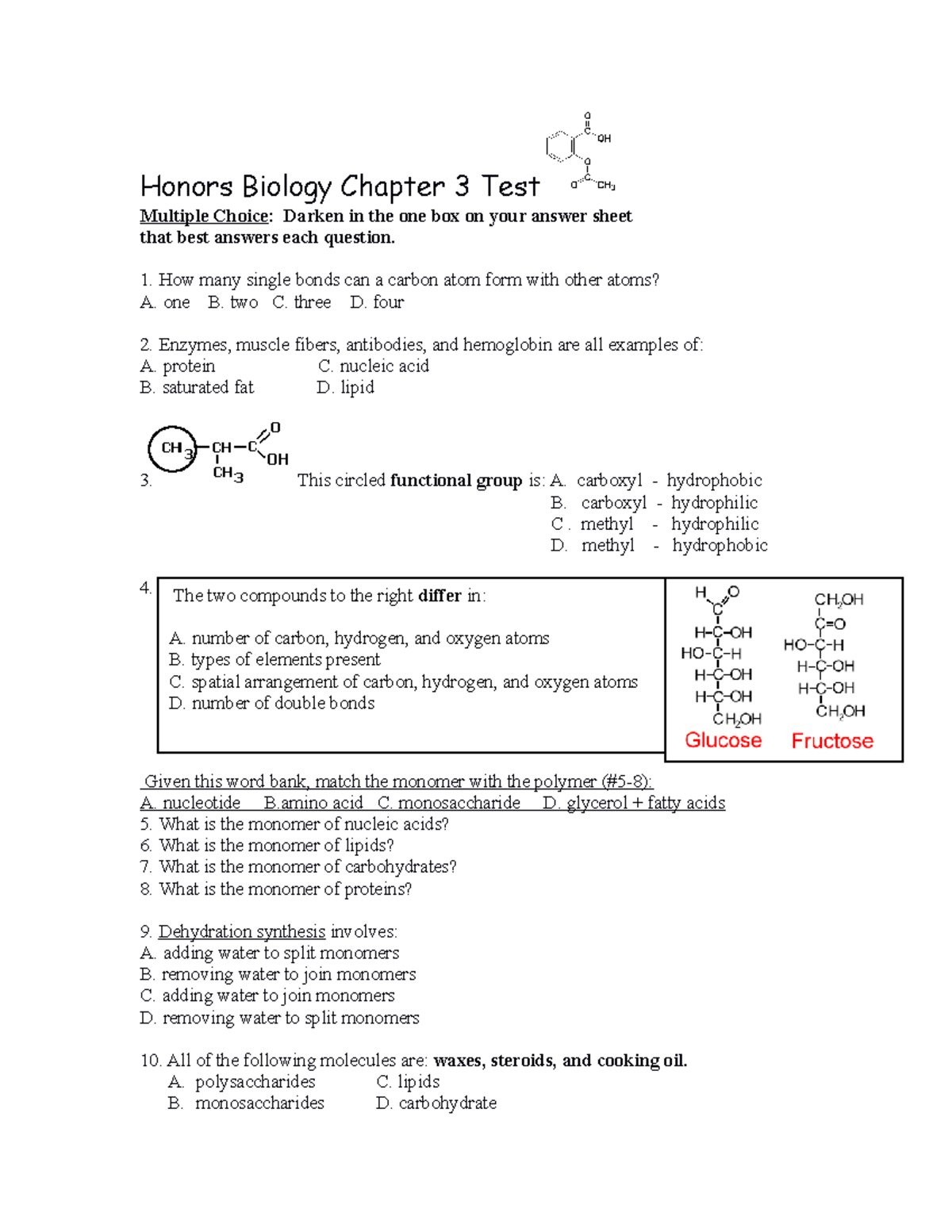 HB Chapter 3 Test2013y - Honors Biology Chapter 3 Test Multiple Choice ...