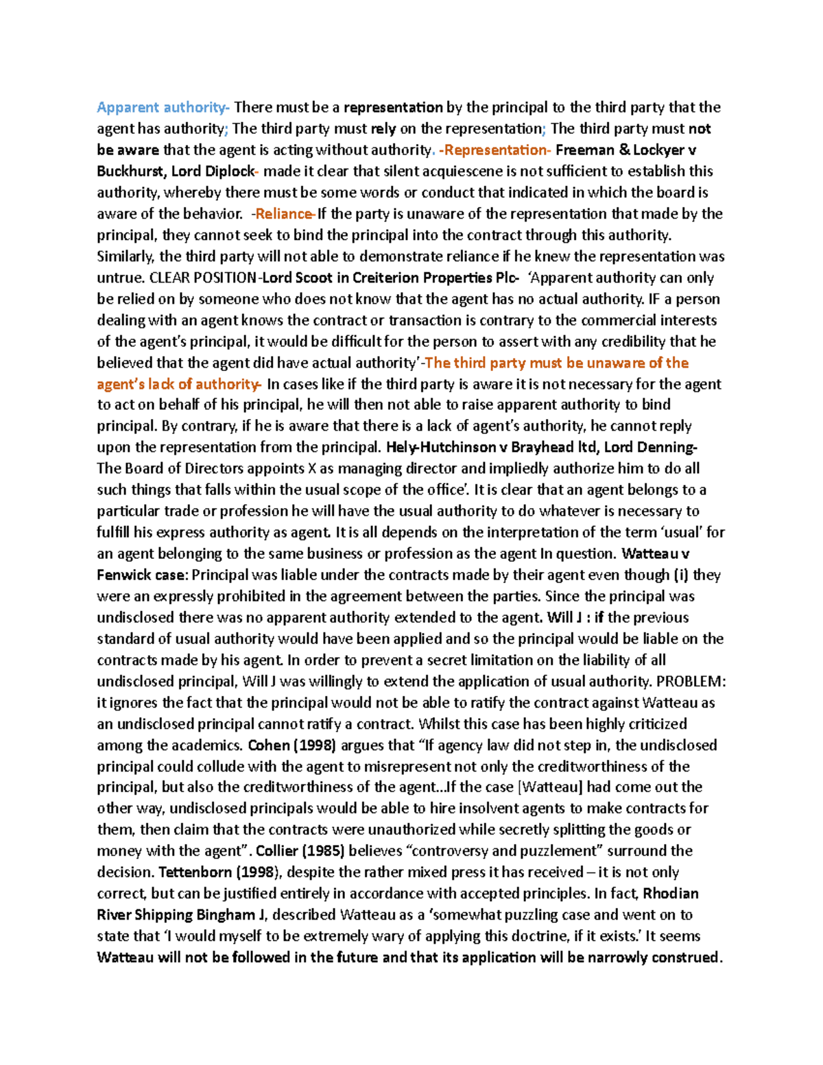 agency law notes - Apparent There must be a representation the ...