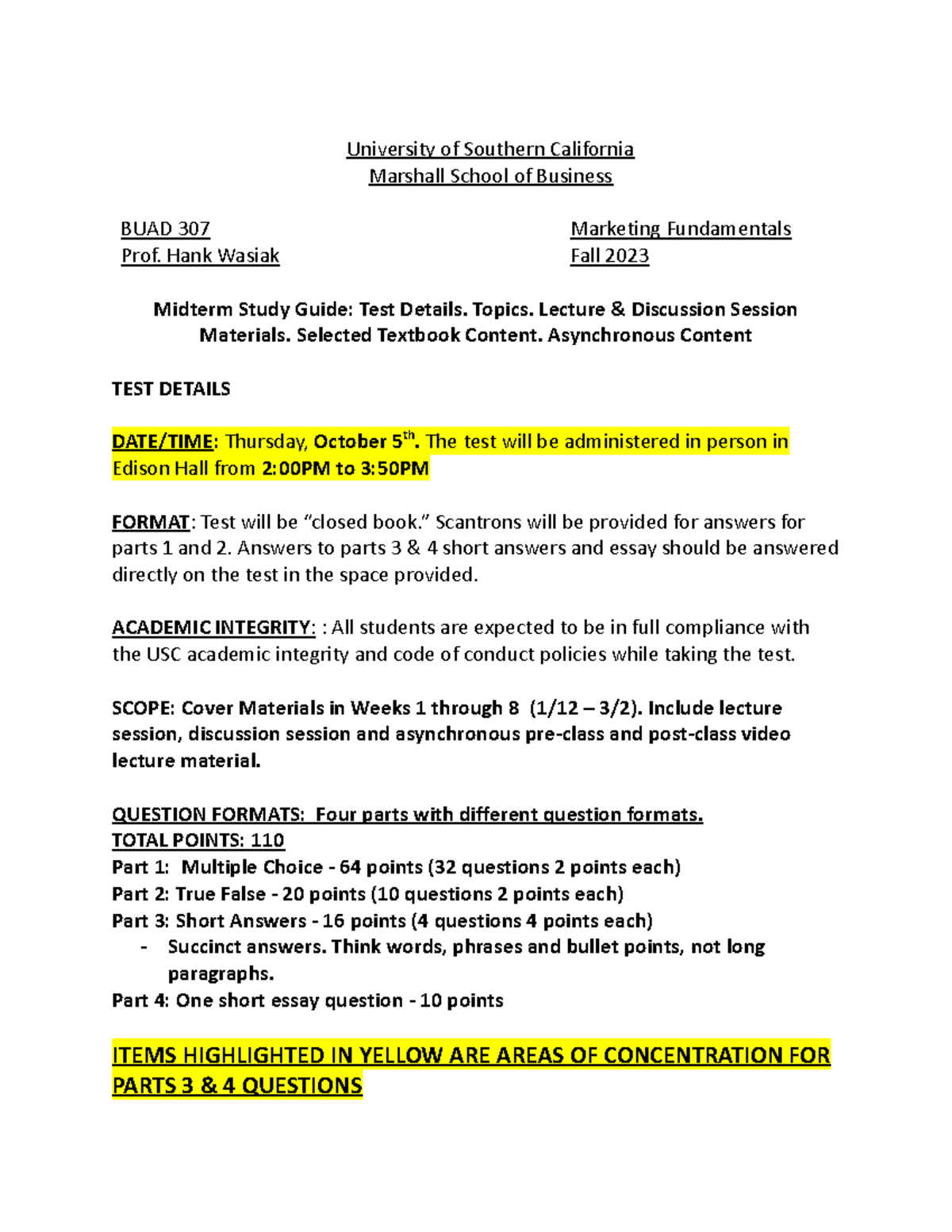 BUAD307Mid Study Guide - University of Southern California Marshall ...
