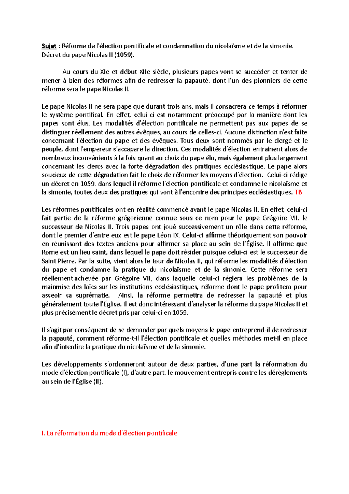 Commentaire de texte Sujet Réforme de l’élection pontificale et