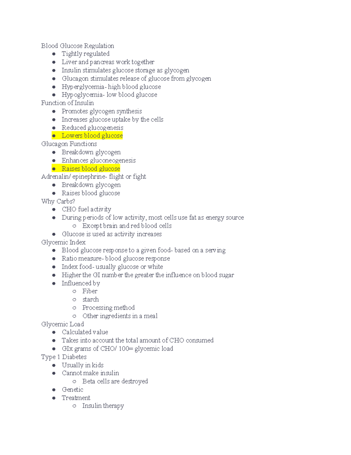 FSN101 chapters 5,6 Notes - Blood Glucose Regulation Tightly regulated ...