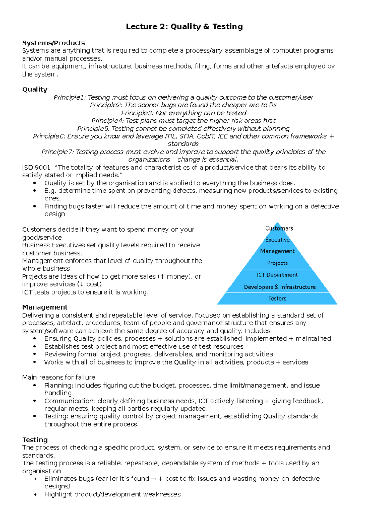 STQM - Lecture Notes - Lecture 2: Quality & Testing Systems/Products ...
