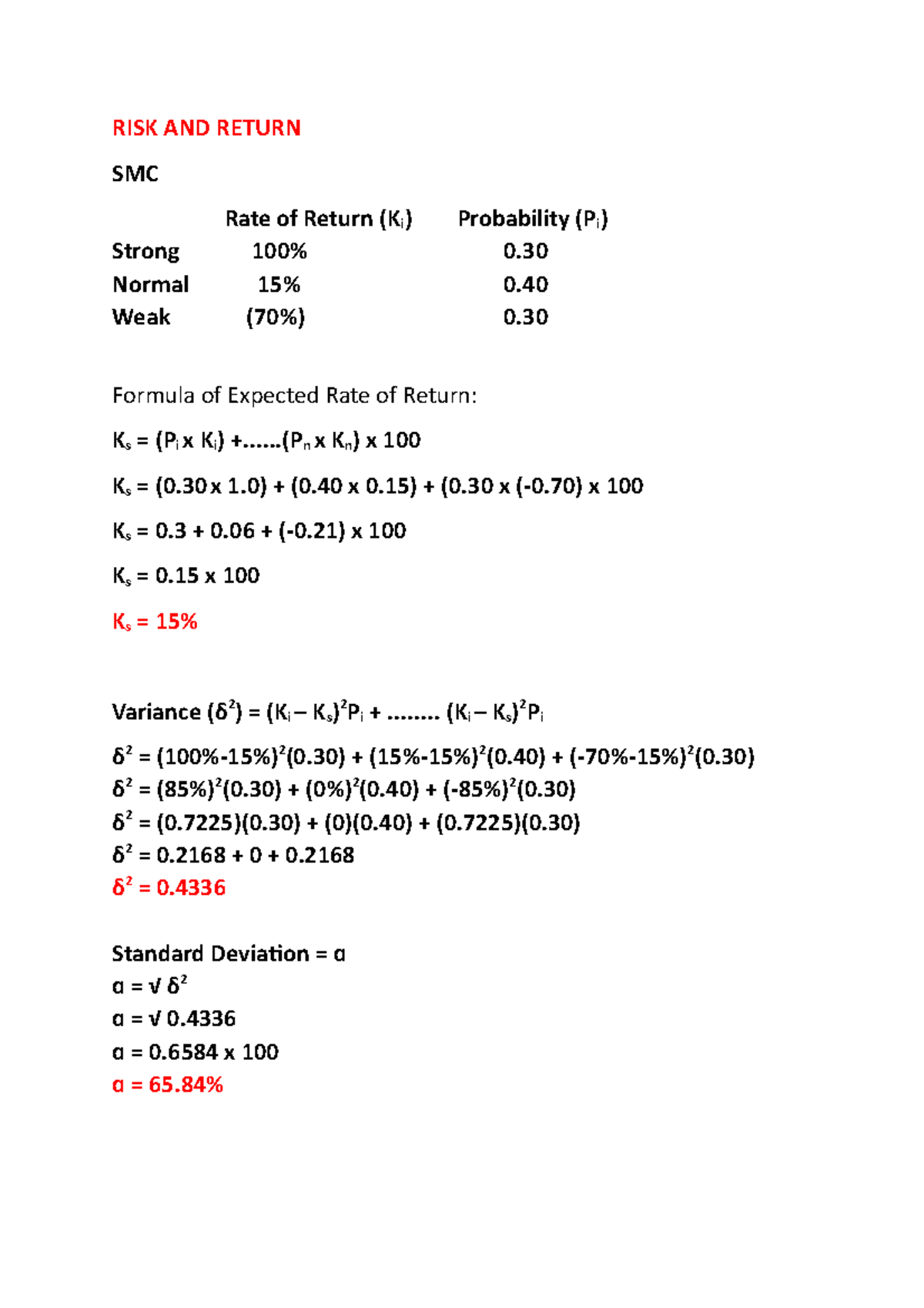 RATE OF Return - nothing - RISK AND RETURN SMC Rate of Return (Ki ...
