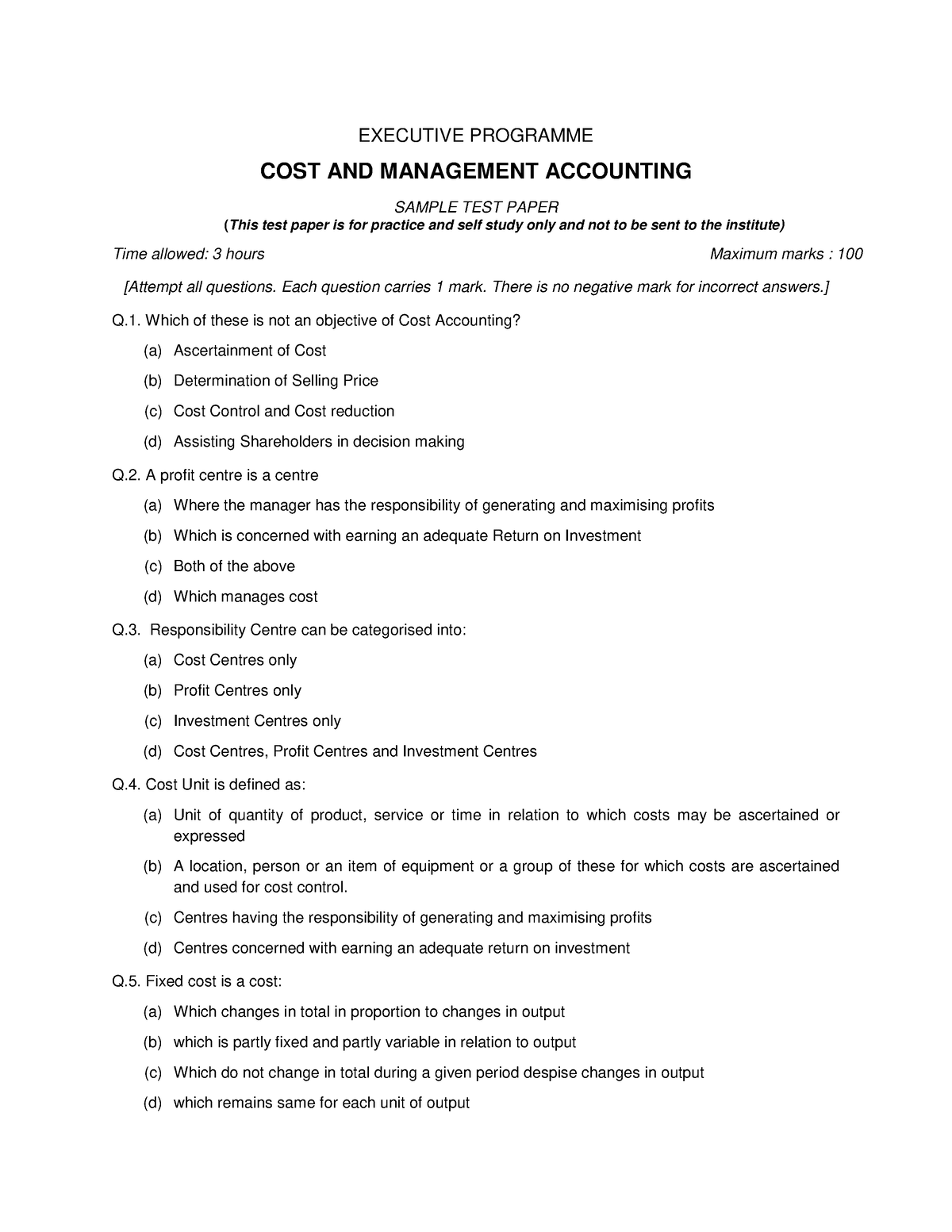 CMA-MCQ 100 - MCQ questions - EXECUTIVE PROGRAMME COST AND MANAGEMENT ...