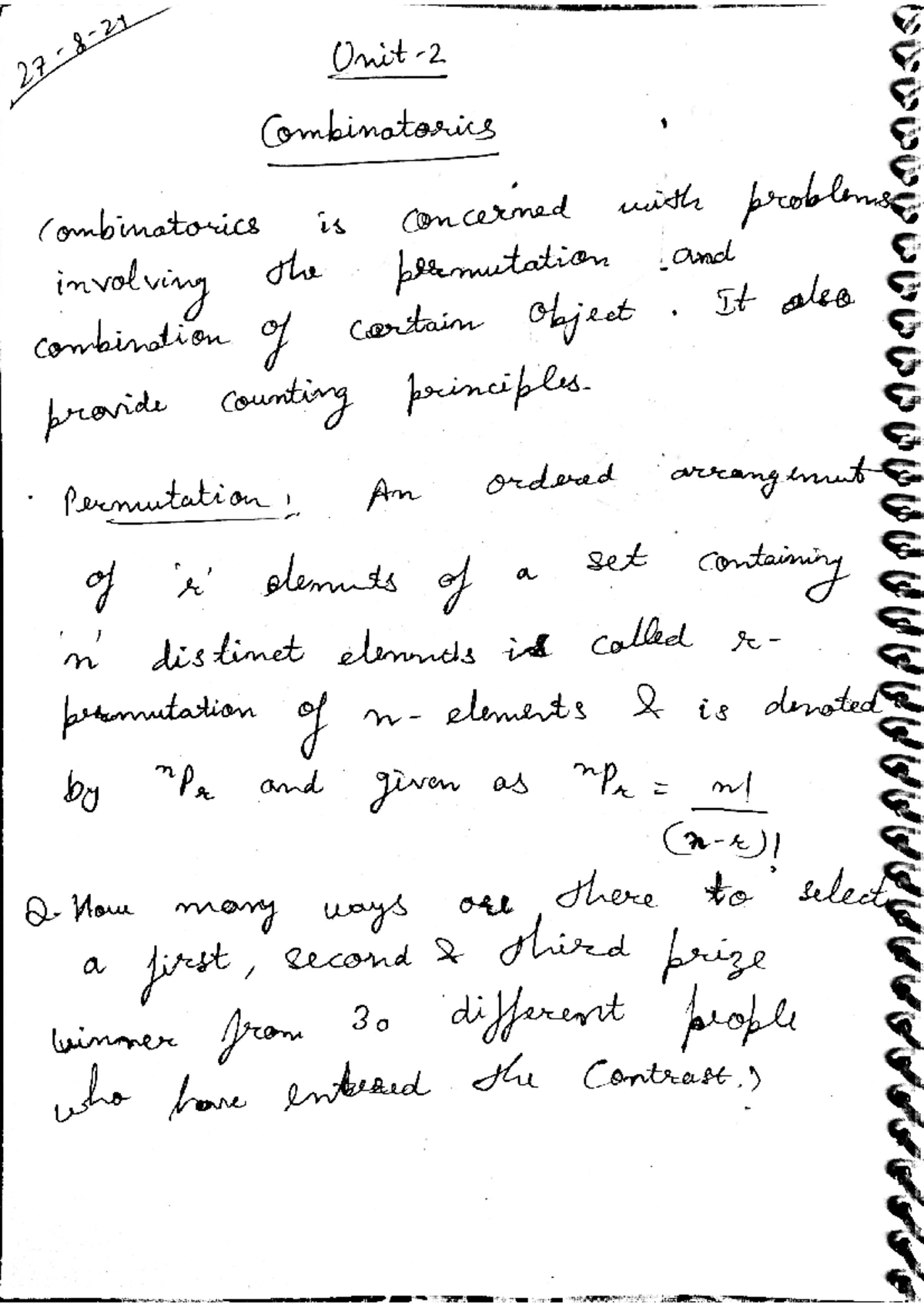 Maths Unit 2 - Combinatorics combinatorics is concerned with problems ...