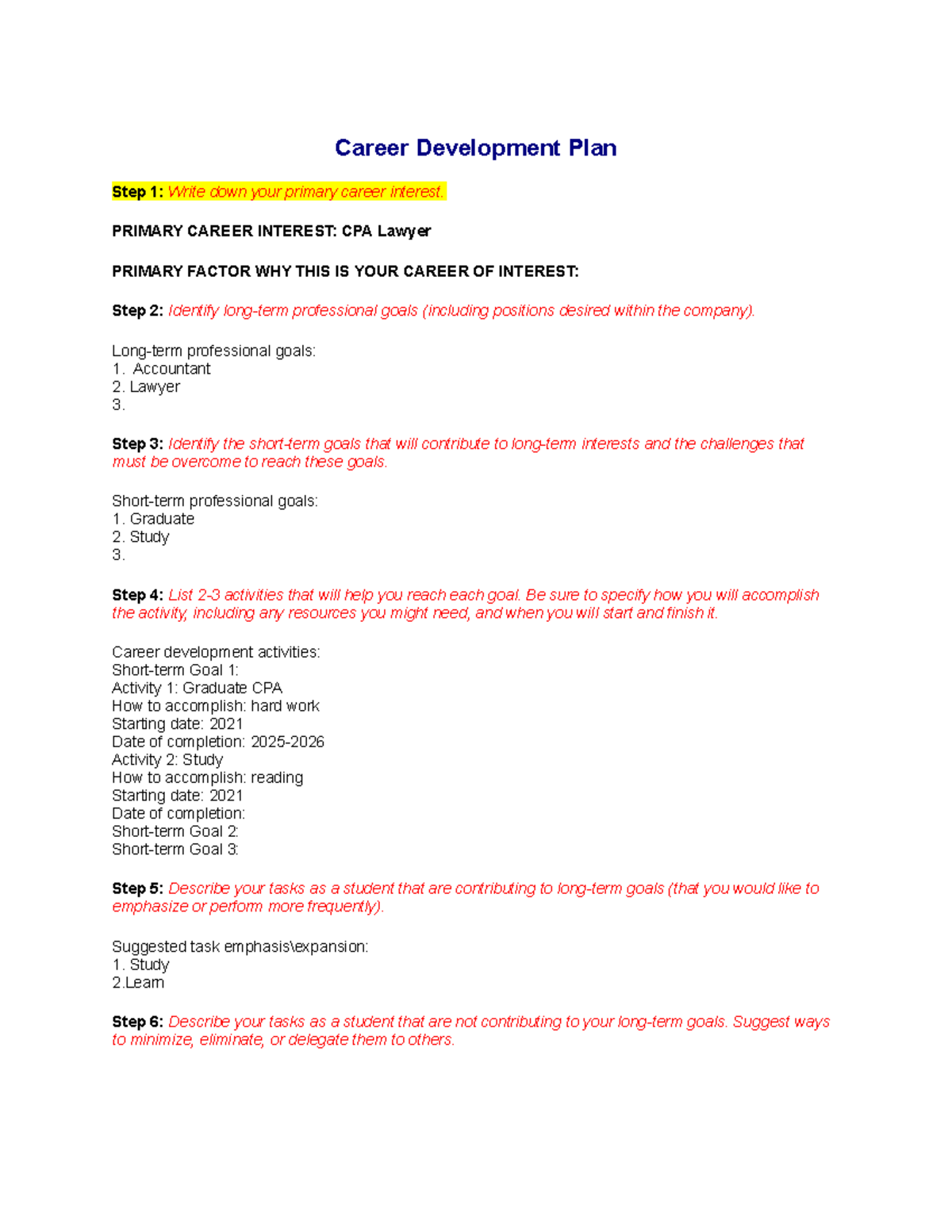 Career Development Plan Template Silliman Activity in Accountancy 2020 ...