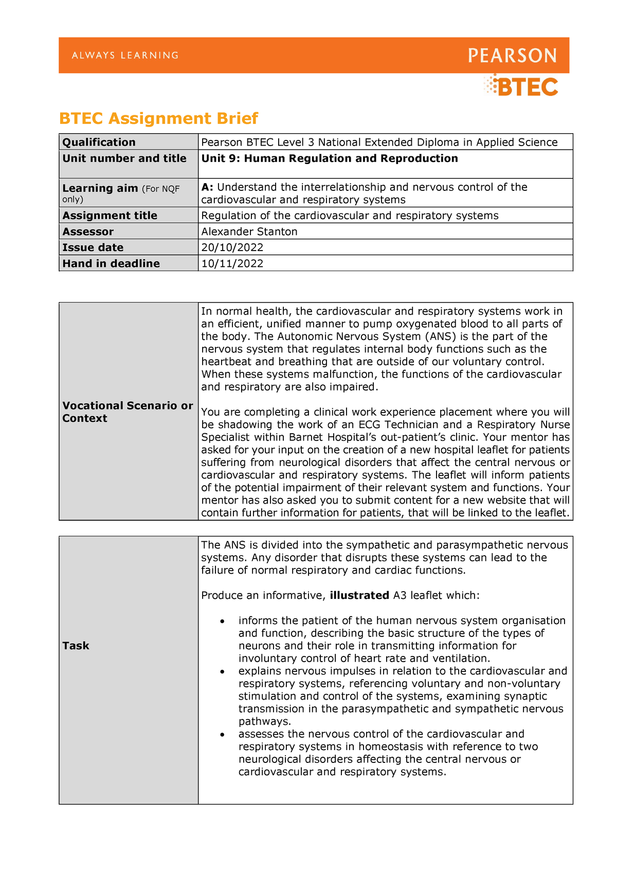 Assignment Brief For Learning Aim A 2022 2023 Btec Assignment Brief Qualification Pearson Btec