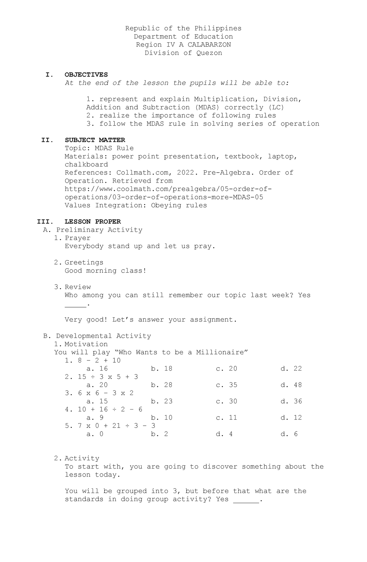 Mdas Lesson Plan Math Subject Republic Of The Philippines Department Of Education Region Iv 9877