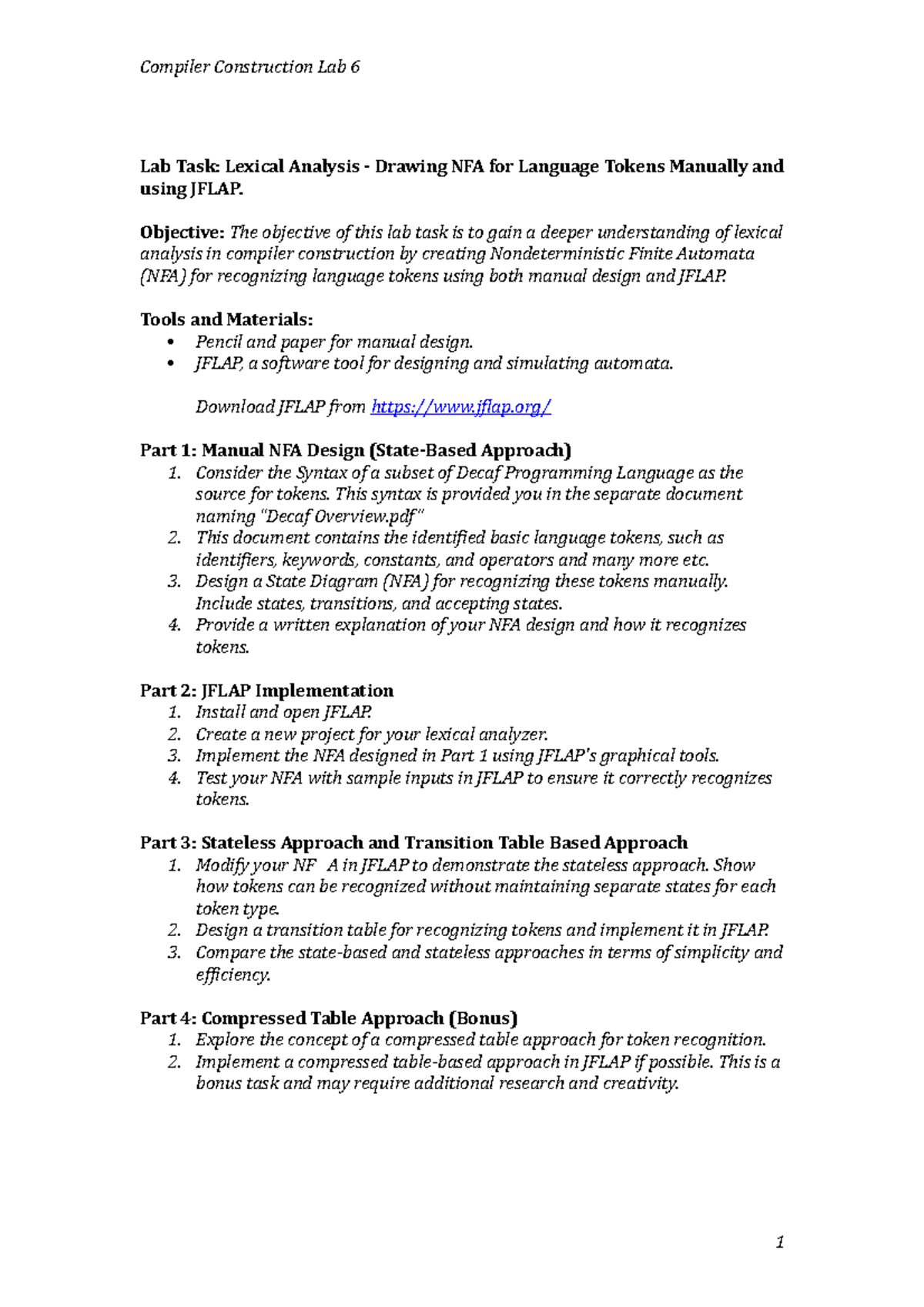 CCLab 6 - CC Lab manual - Compiler Construction Lab 6 Lab Task: Lexical ...