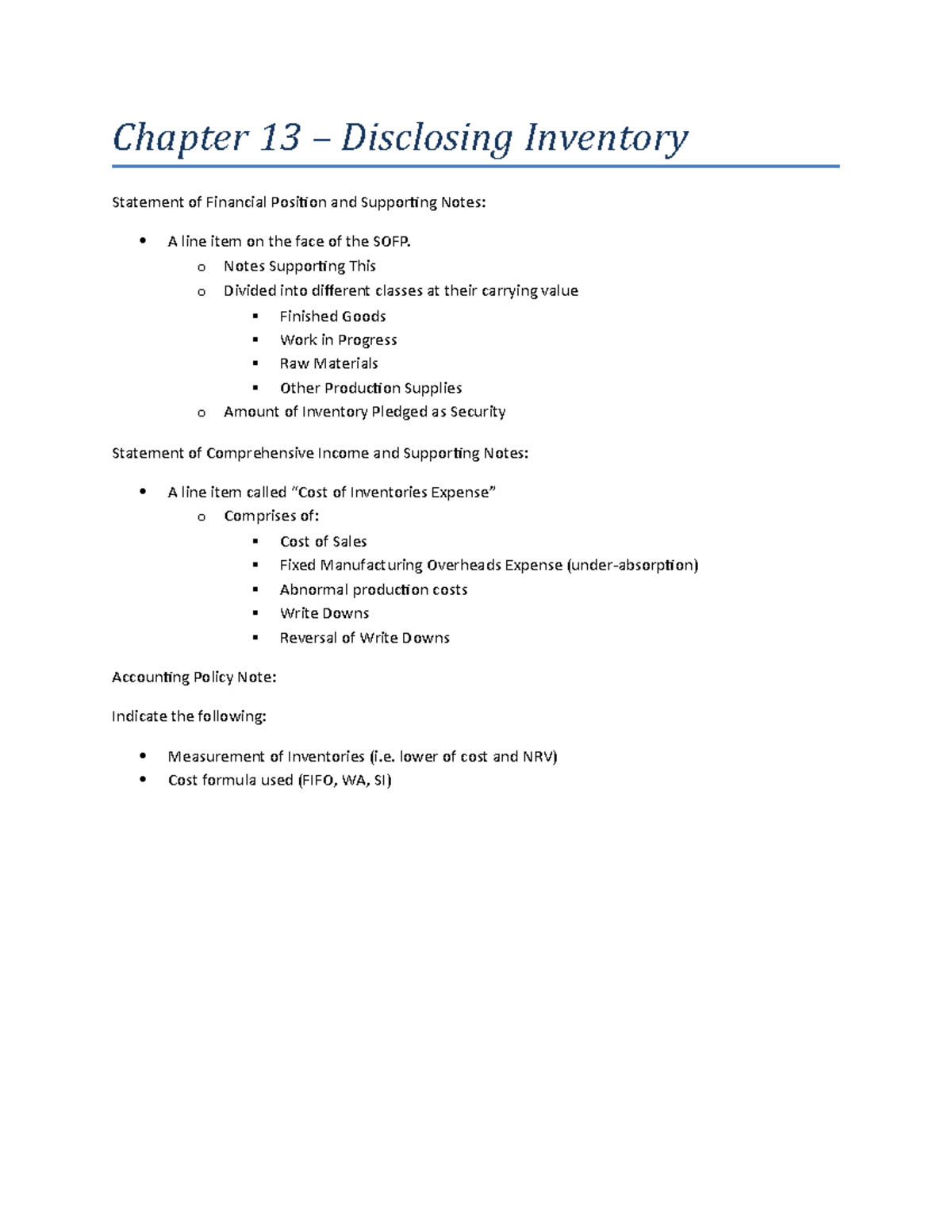 Chapter 13 - Disclosing Inventory - o Notes Supporting This o Divided ...