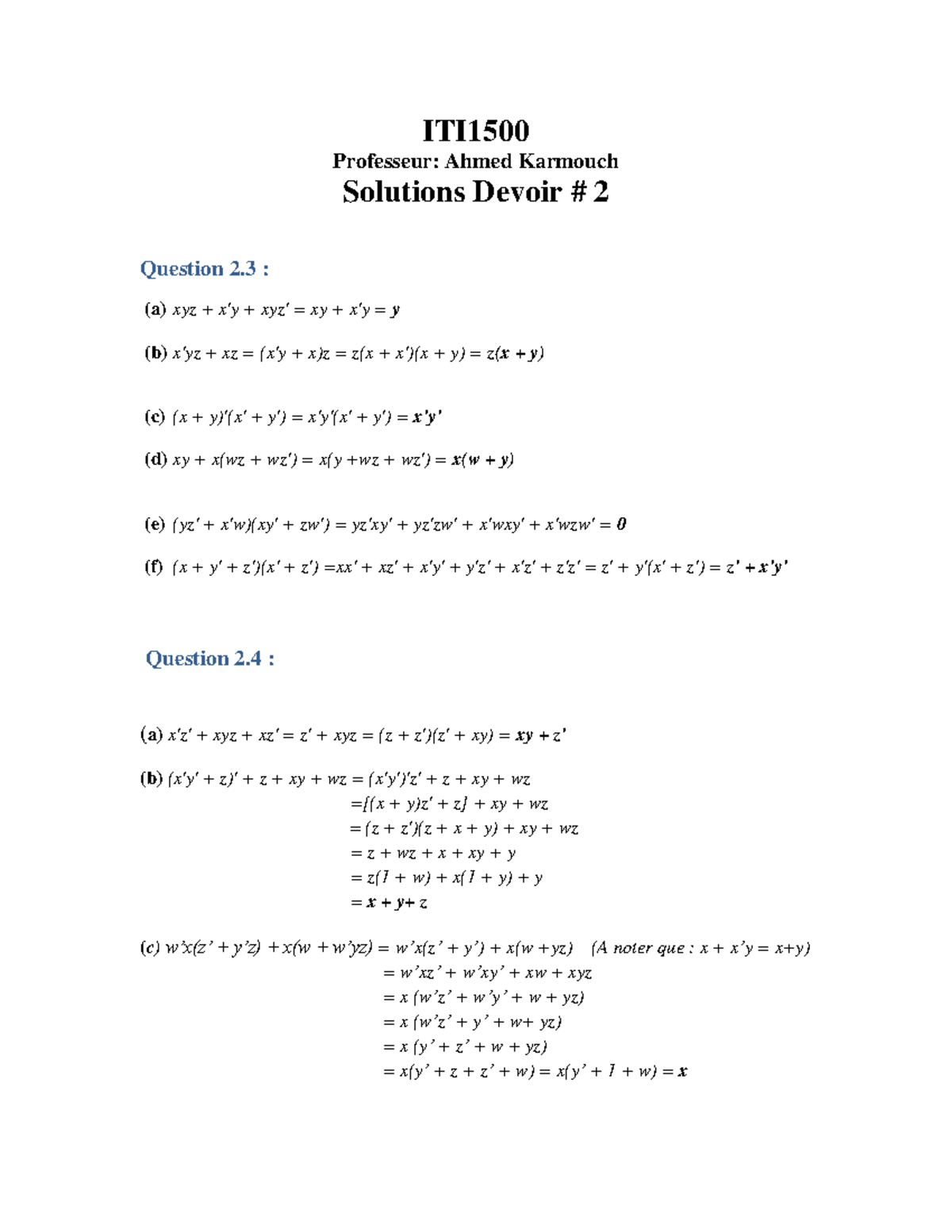 Iti1500 Devoir 2 Solution Iti Professeur Ahmed Karmouch Solutions Devoir Studocu