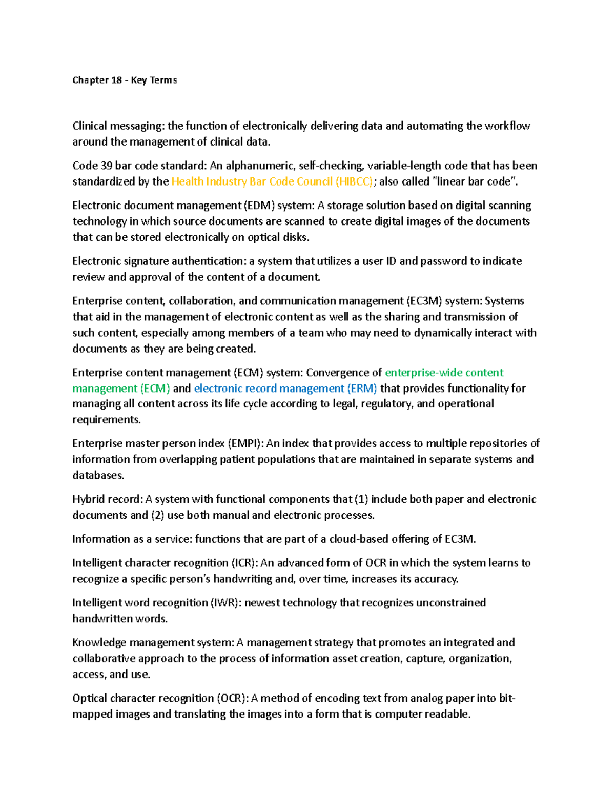 Key Terms for Chapter 18 - Chapter 18 - Key Terms Clinical messaging ...