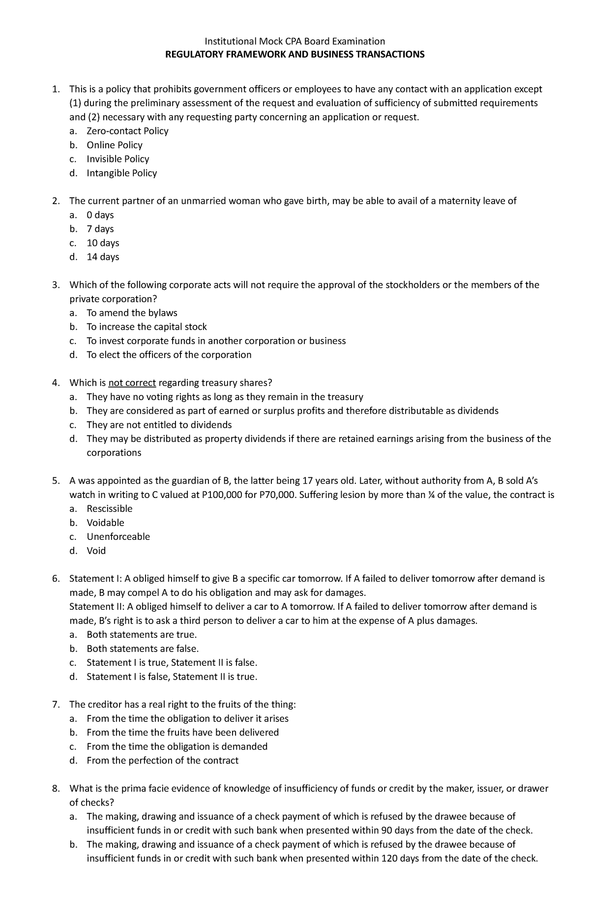 RFBT-Mockboard-Exam - RFBT Mockboards - REGULATORY FRAMEWORK AND ...