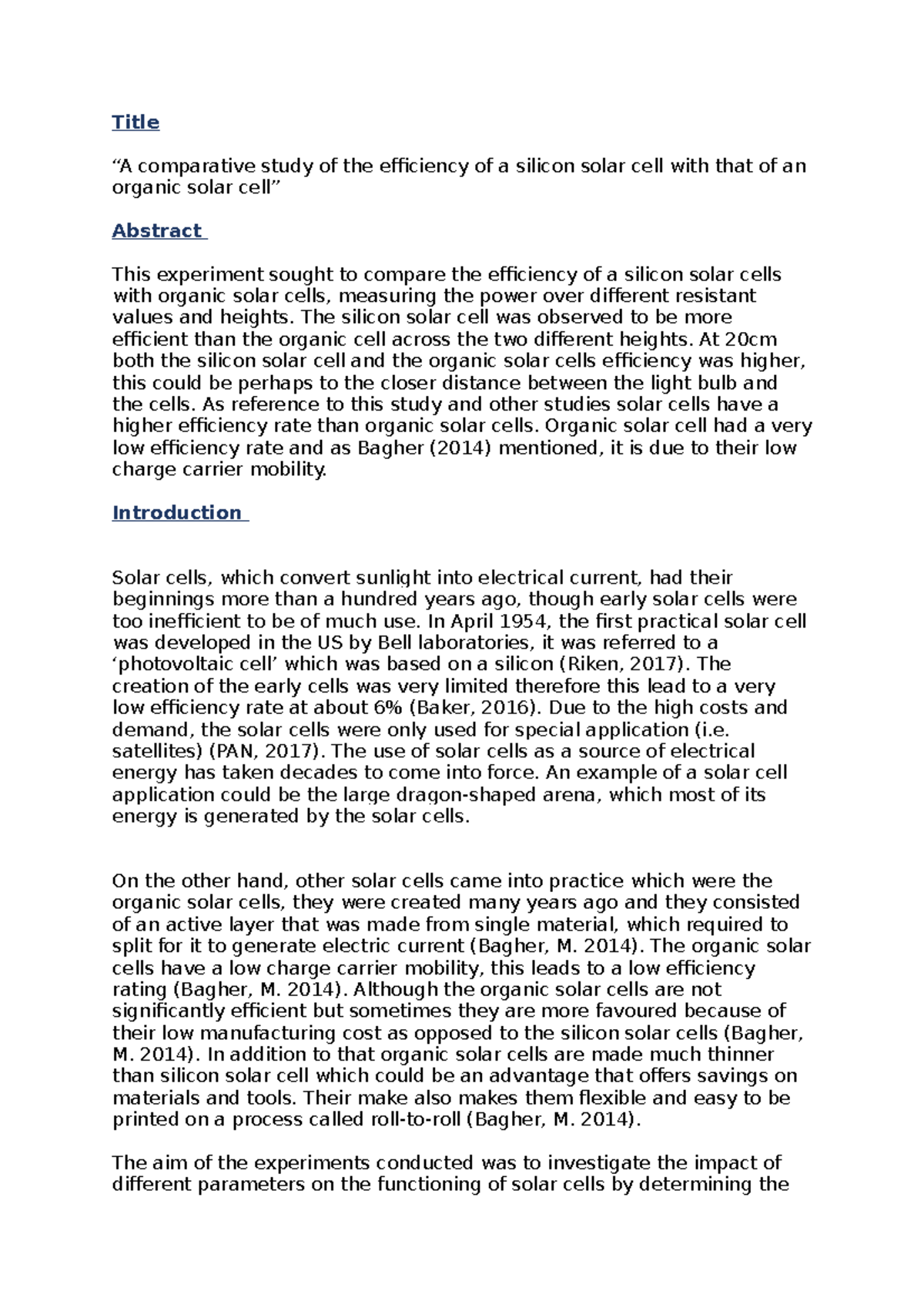 Pan report - Title “A comparative study of the efficiency of a silicon ...