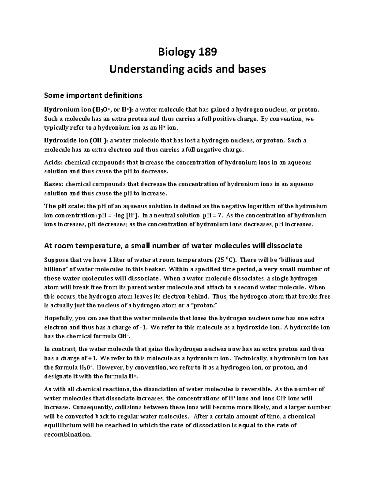 Understanding acids and bases - Biology 189 Understanding acids and ...