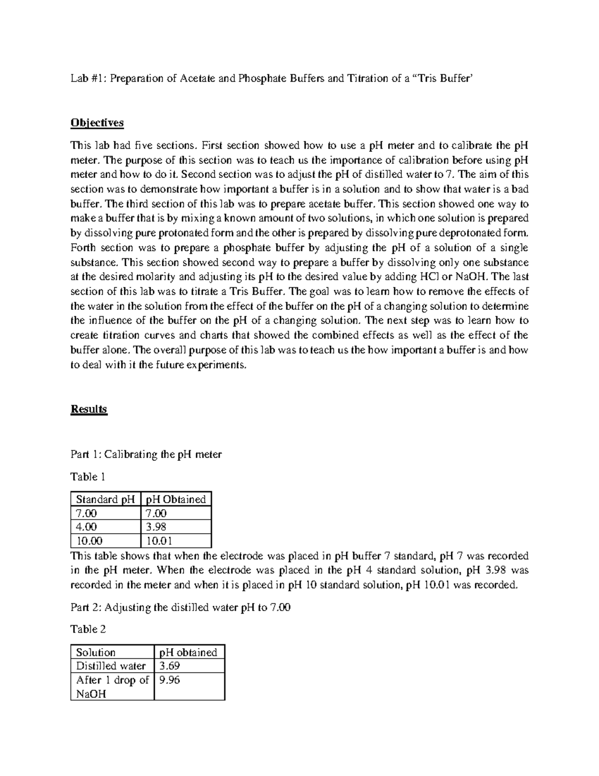 BIO315 Lab1 Report Lab 1 Preparation of Acetate and Phosphate Buffers and Titration of a