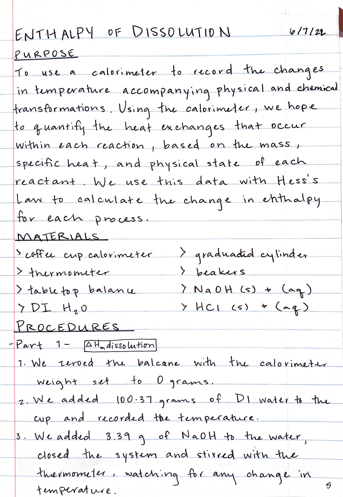 Lab 2- Enthalpy of dissolution - ENTHALPY OF DISSOLUTION PURPOSE To use ...