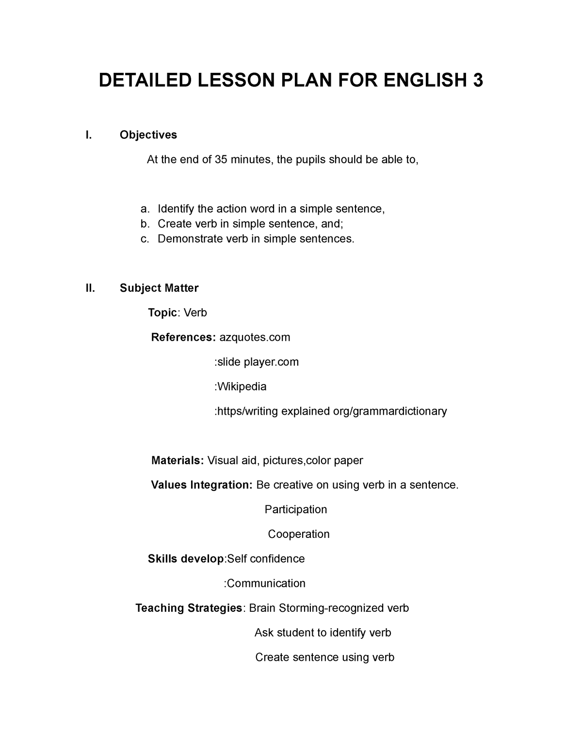 Lito mhek - Lesson Plan - DETAILED LESSON PLAN FOR ENGLISH 3 I ...