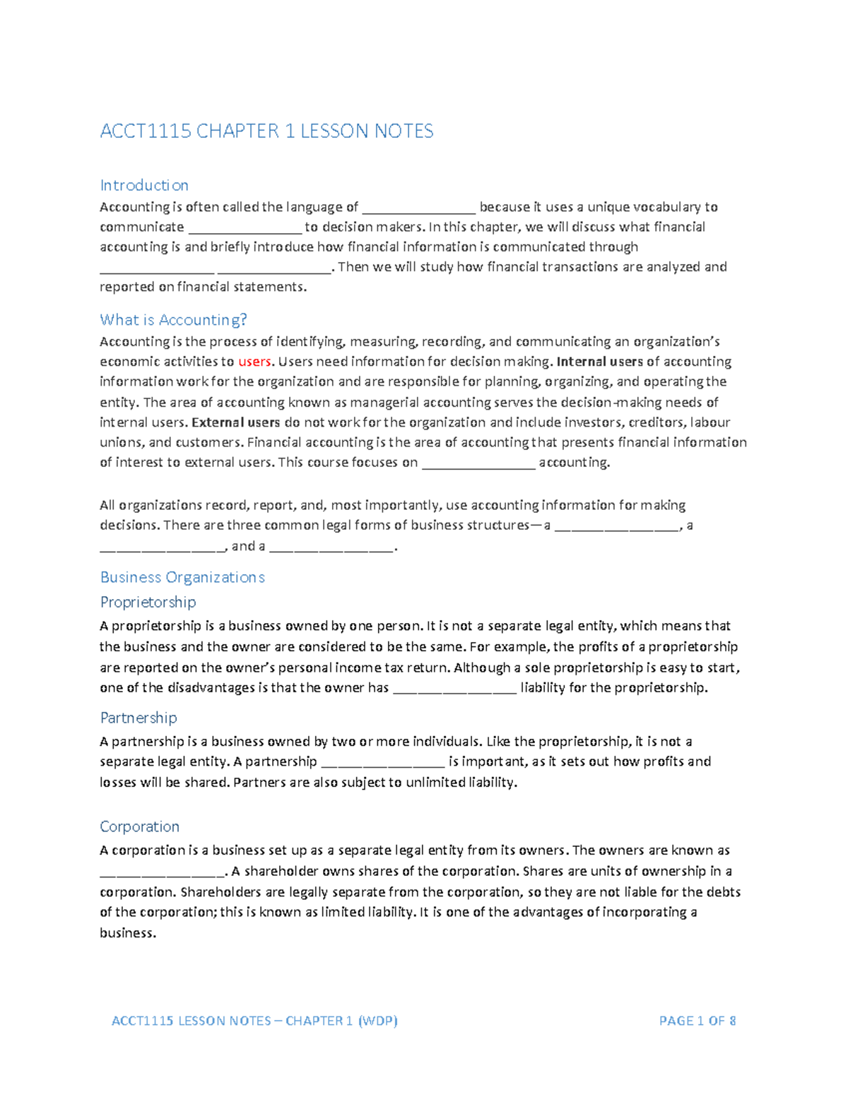 ACCT1115 Chapter 1 Lesson Notes - WDP - Student - CHAPTER 1 LESSON ...