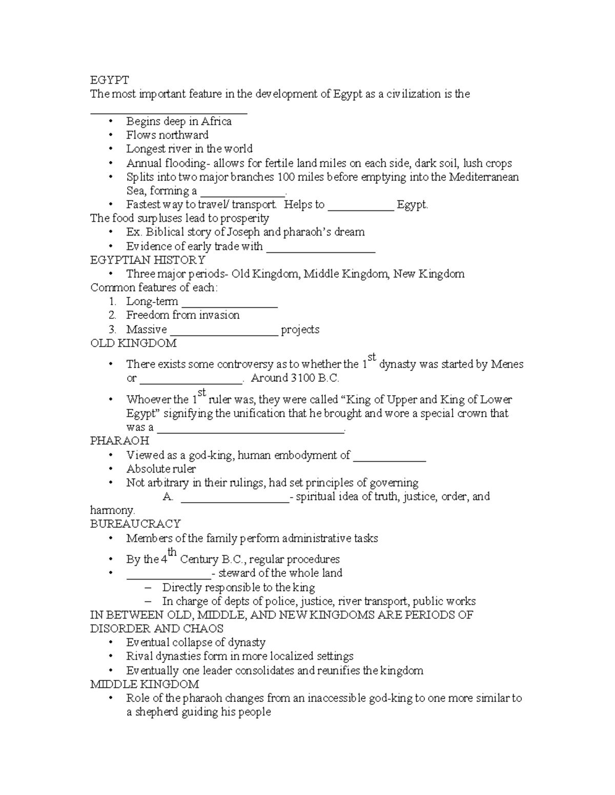 Egypt- Student+ Notes+ Skeletonl - EGYPT The most important feature in ...
