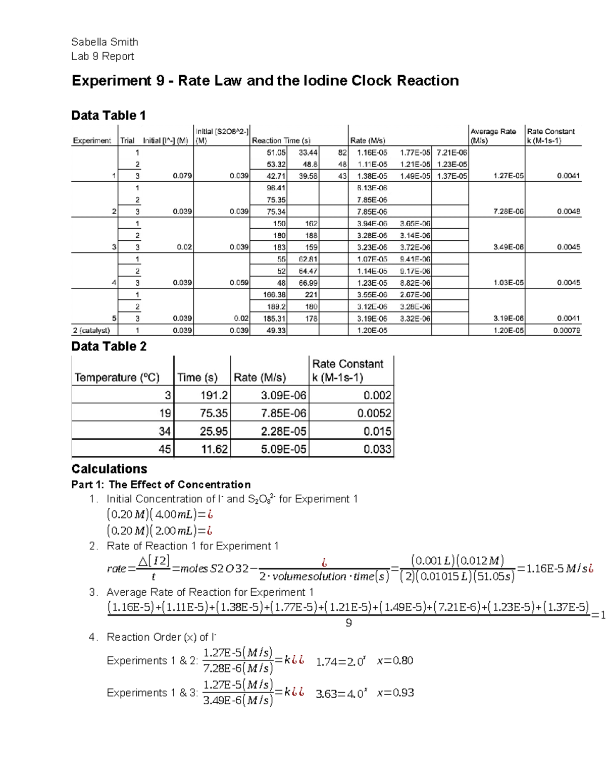 Lab 9 Report - Sabella Smith Lab 9 Report Experiment 9 - Rate Law and ...