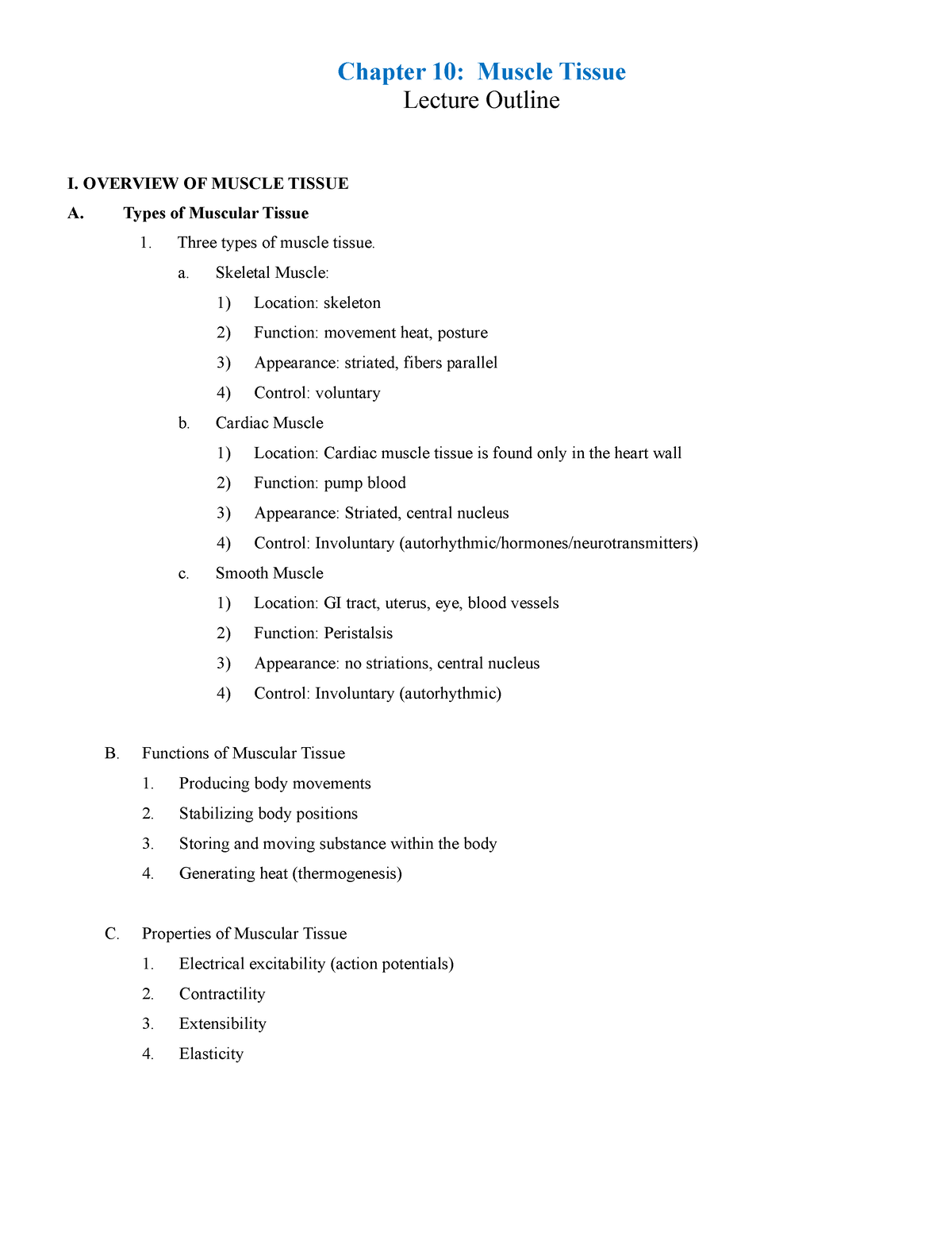 Chp 10 Muscular Tissue lecture outline - Chapter 10: Muscle Tissue ...