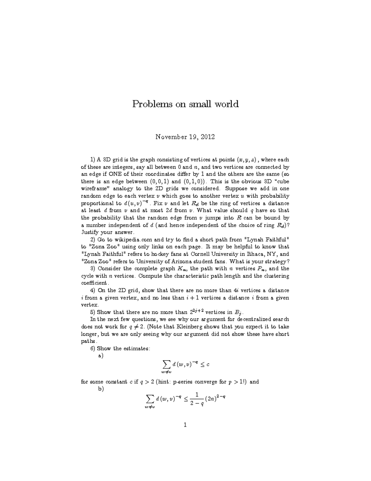 Probs 3 - Problem set 3 - Problems on small world November 19, 2012 A ...