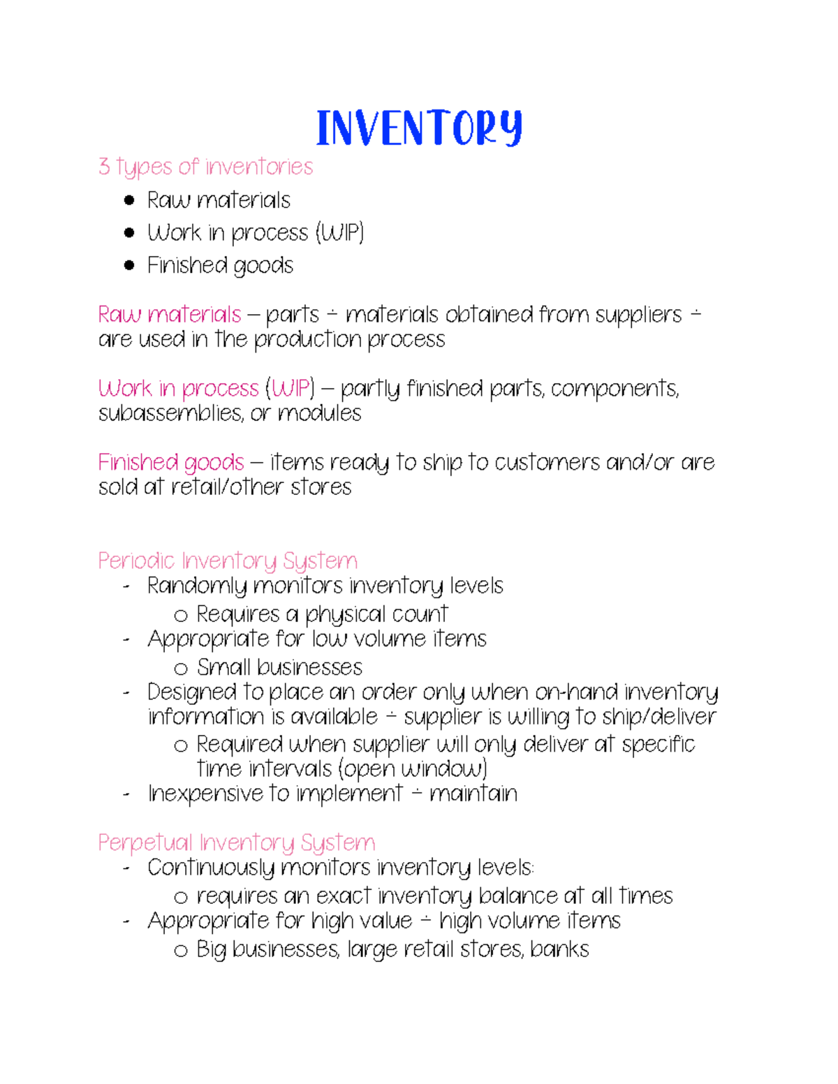 Units 2 and 7 Operational Strategies - Inventory 3 types of inventories ...