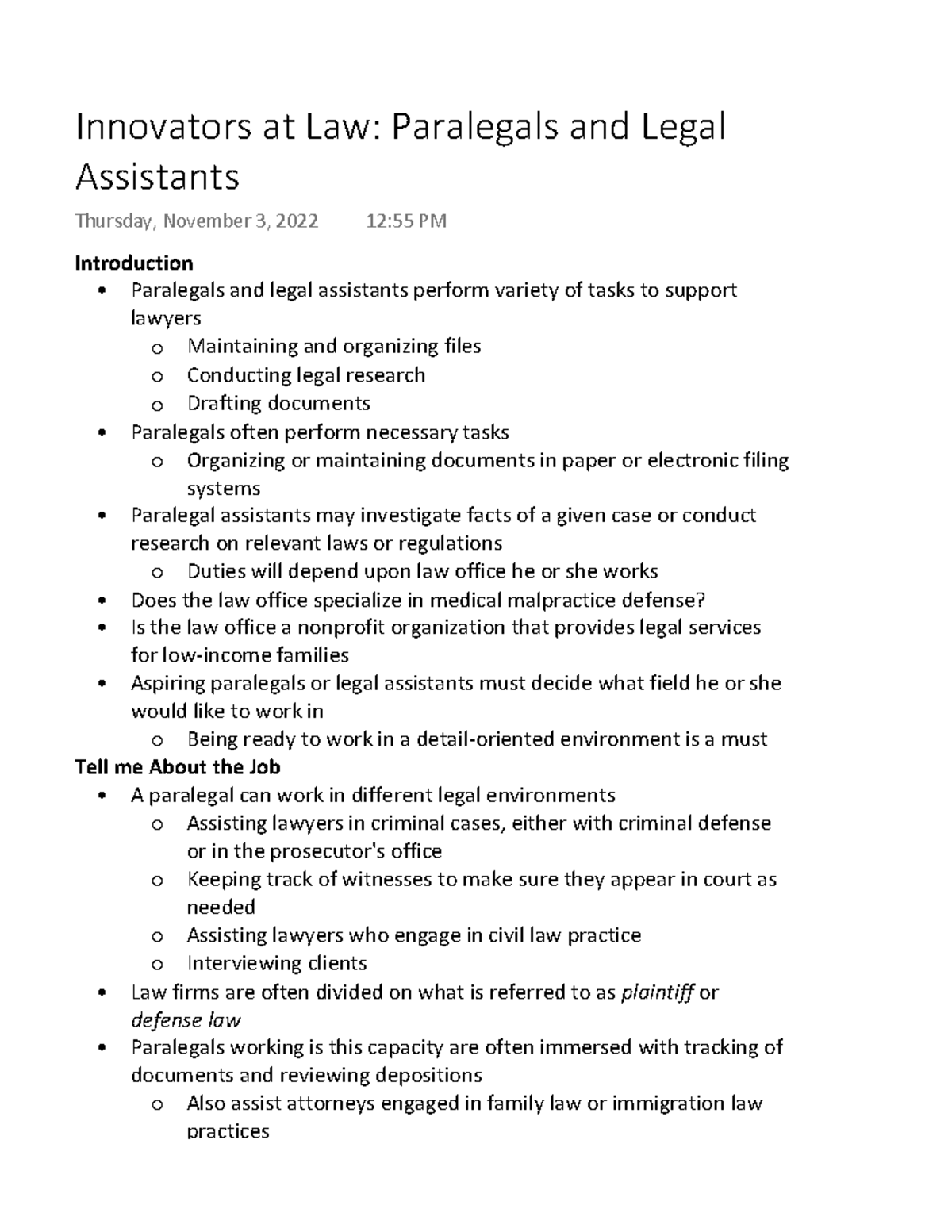 Innovators at Law Paralegals and Legal Assistants Introduction