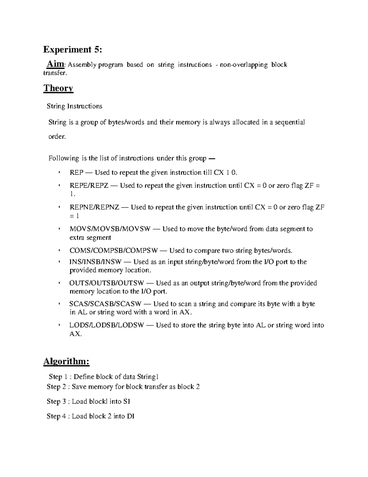 Experiment 5 block transfer Experiment 5 Aim Assembly program
