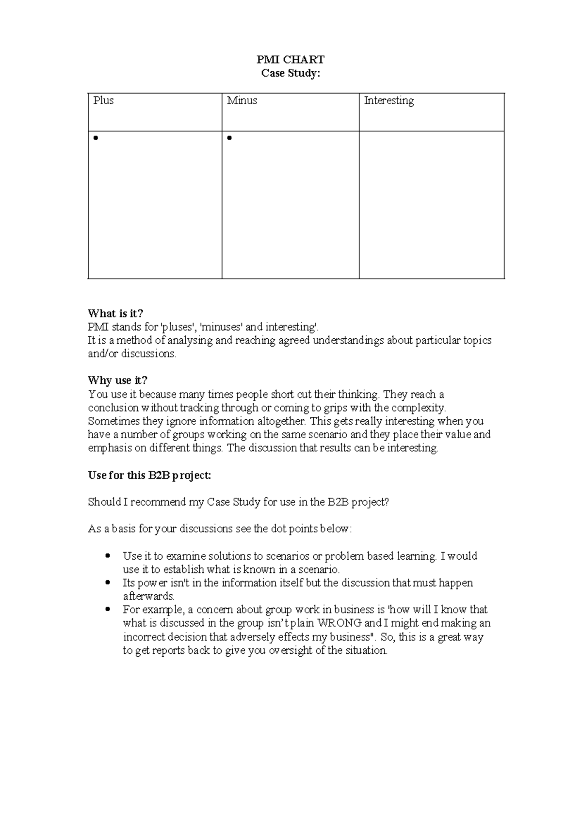 Pmi chart template - notes - PMI CHART Case Study: Plus Minus ...