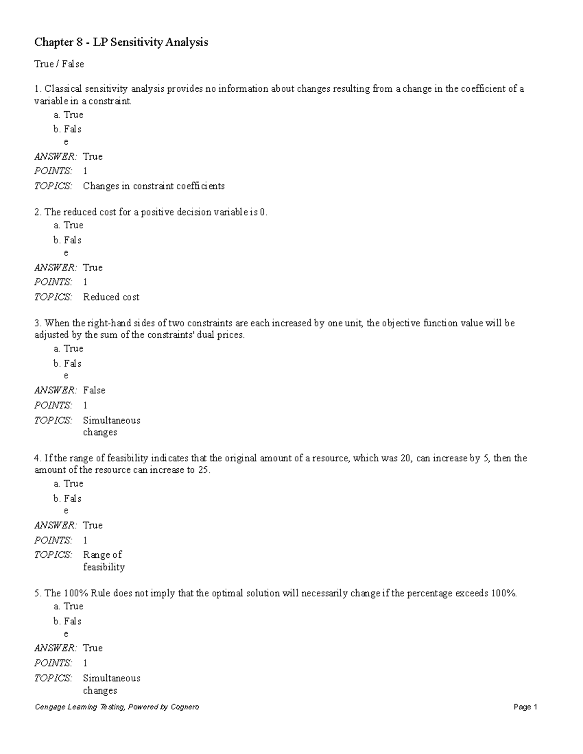 Chapter 8 LP Sensitivity Analysis - True / False Classical Sensitivity ...