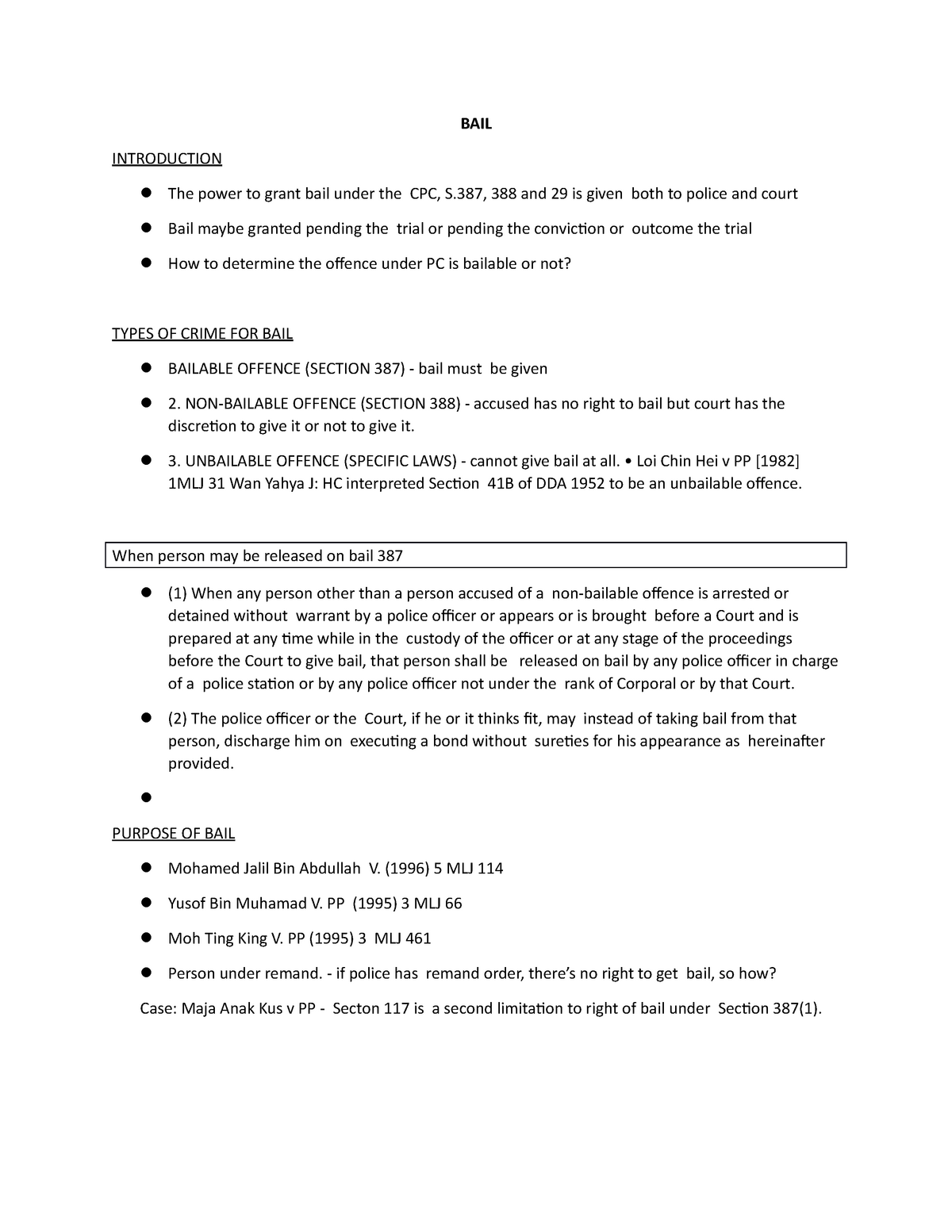 BAIL - Lecture Notes 1 - Bail - BAIL INTRODUCTION The Power To Grant ...