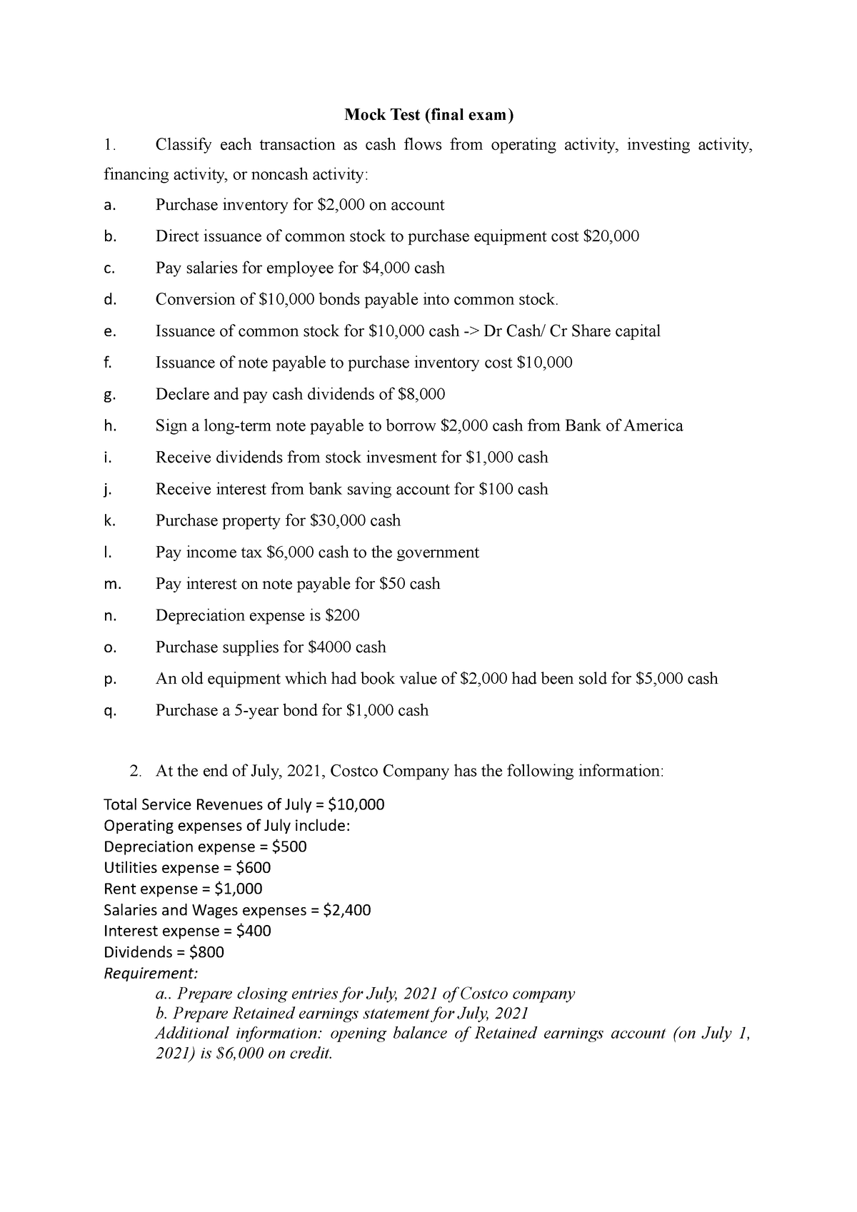 [DONE]Mock Test (final Exam) - Mock Test (final Exam) Classify Each ...