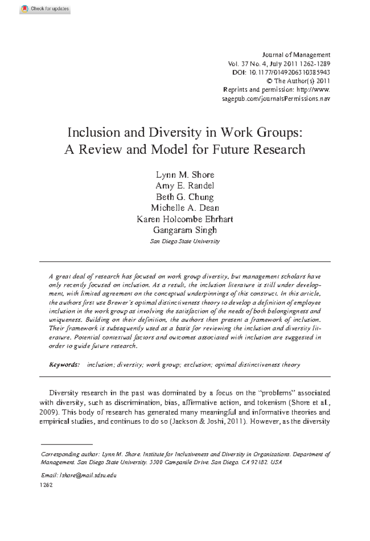 inclusion and diversity in work groups a review and model for future ...