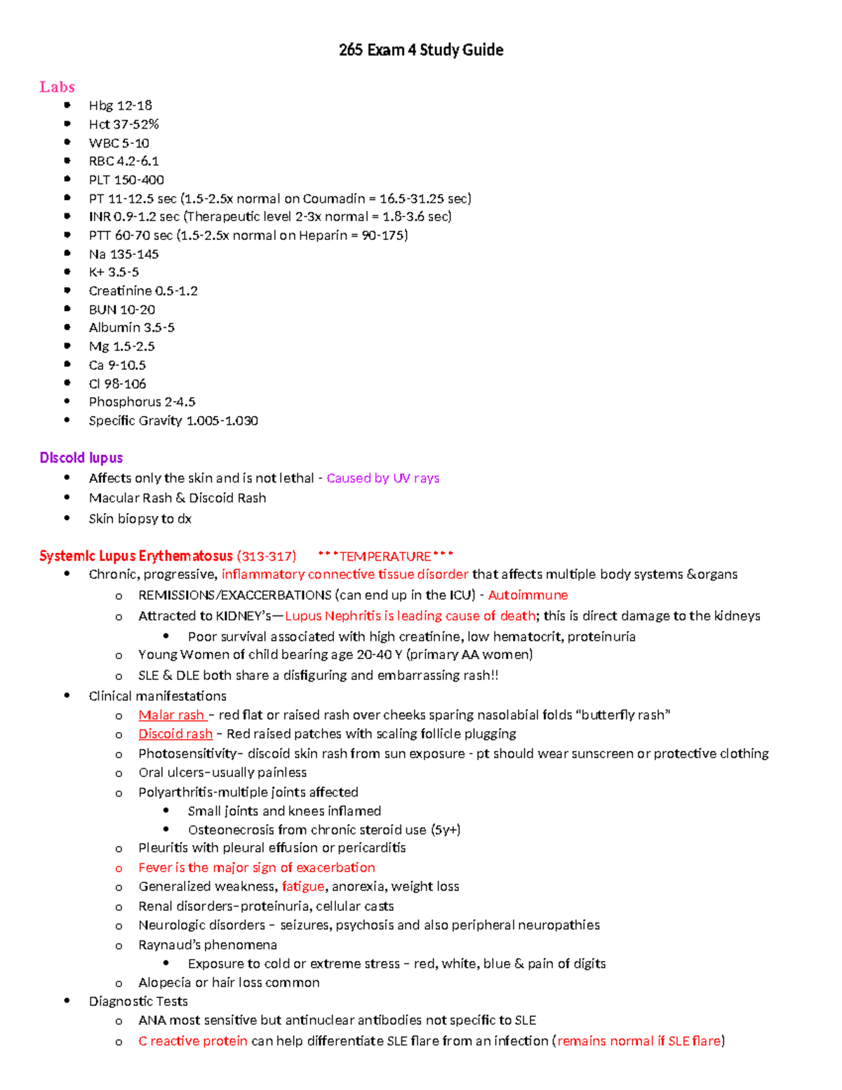 Exam 4 Study Guide - 265 Exam 4 Study Guide Labs Hbg 12- Hct 37-52% WBC ...