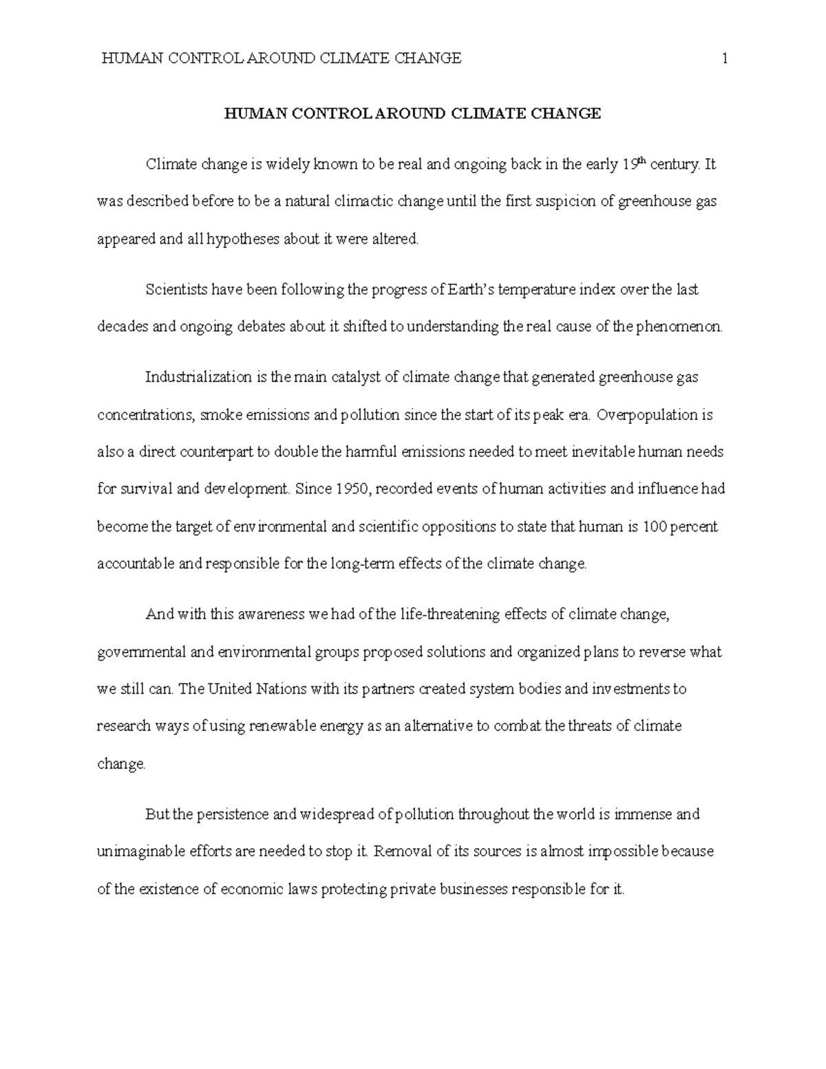 Human Control Around Climate Change Essay - HUMAN CONTROL AROUND ...