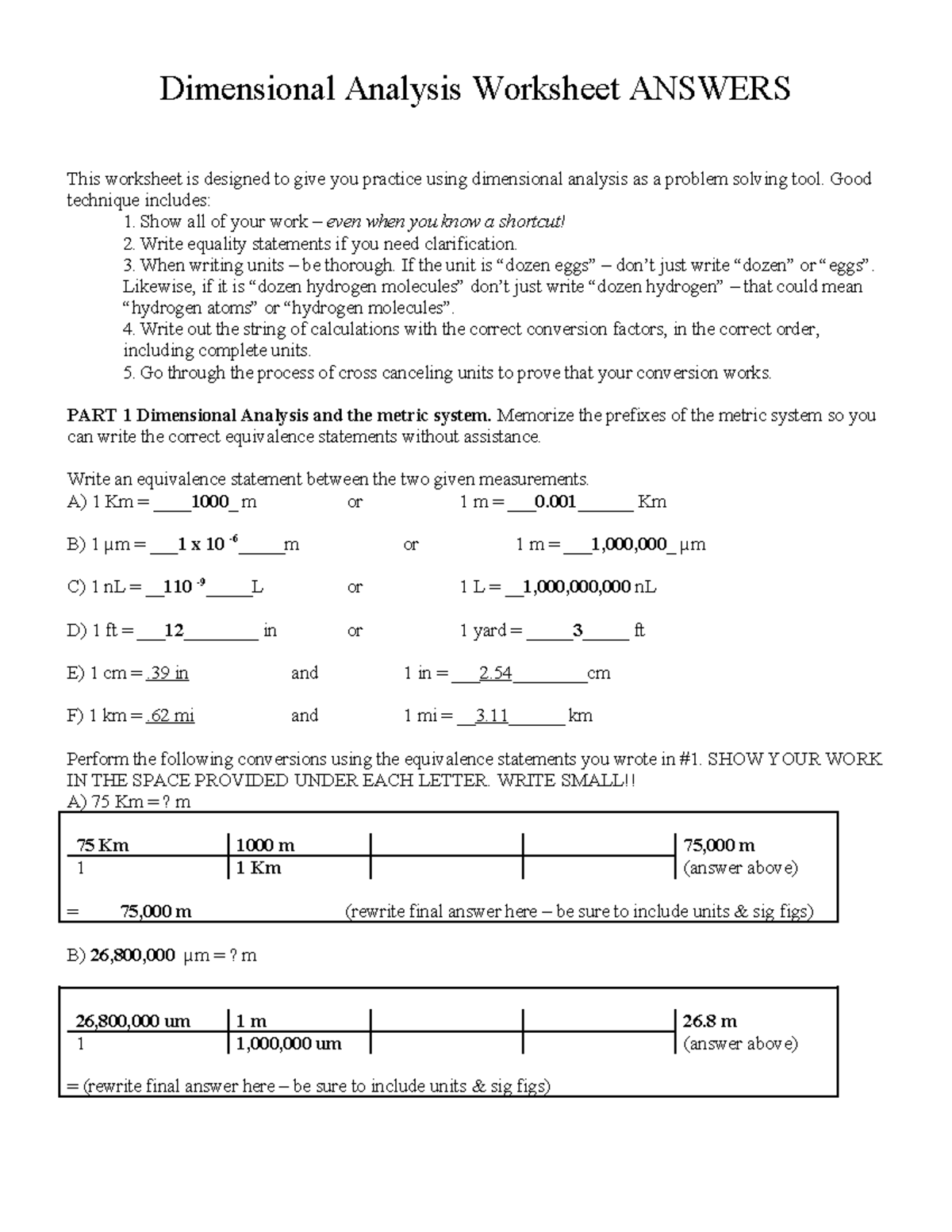 Dimensional Analysis Key Dimensional Analysis Worksheet Answers This Worksheet Is Designed To