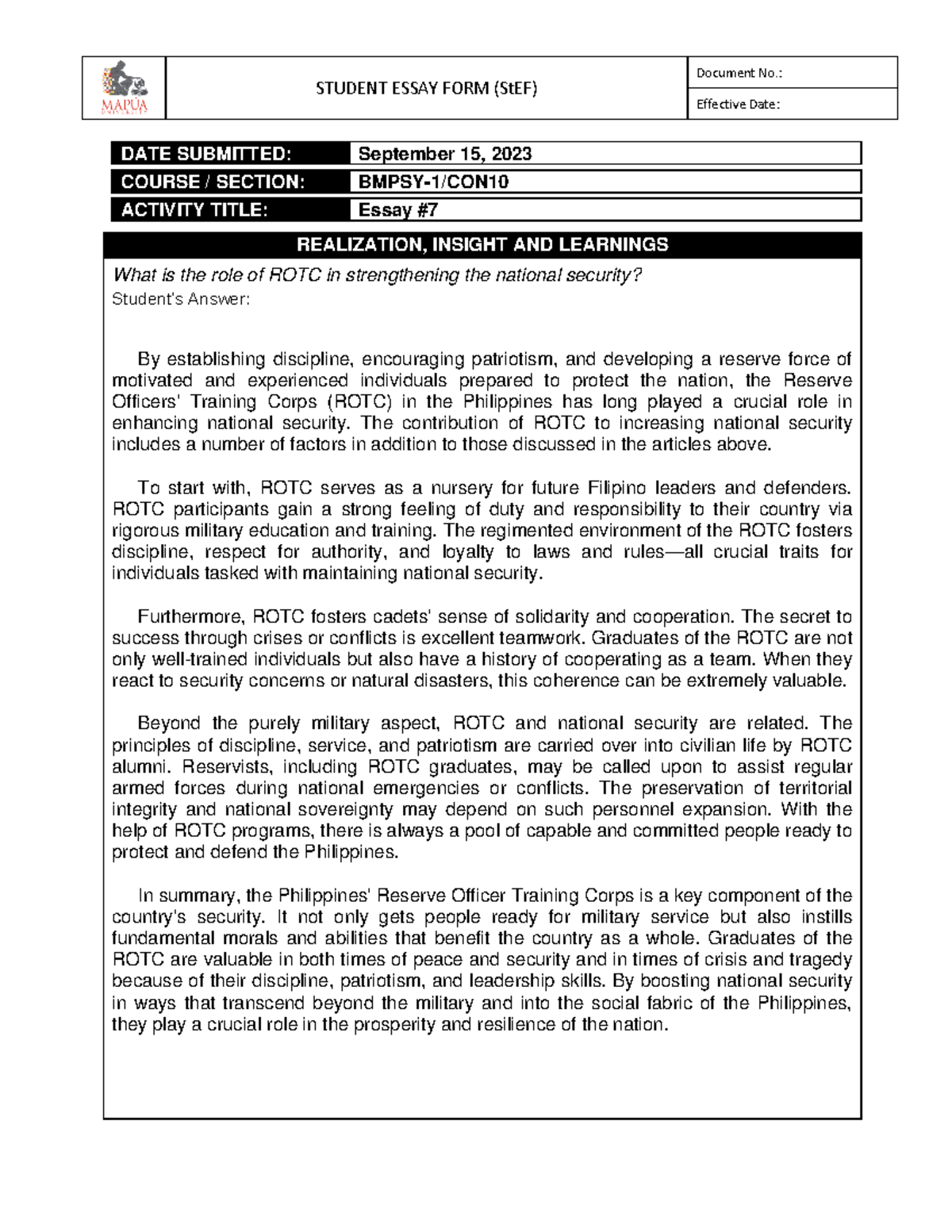 Sobeza LF-NSTP100-CON10-E7 - STUDENT ESSAY FORM (StEF) Document No ...