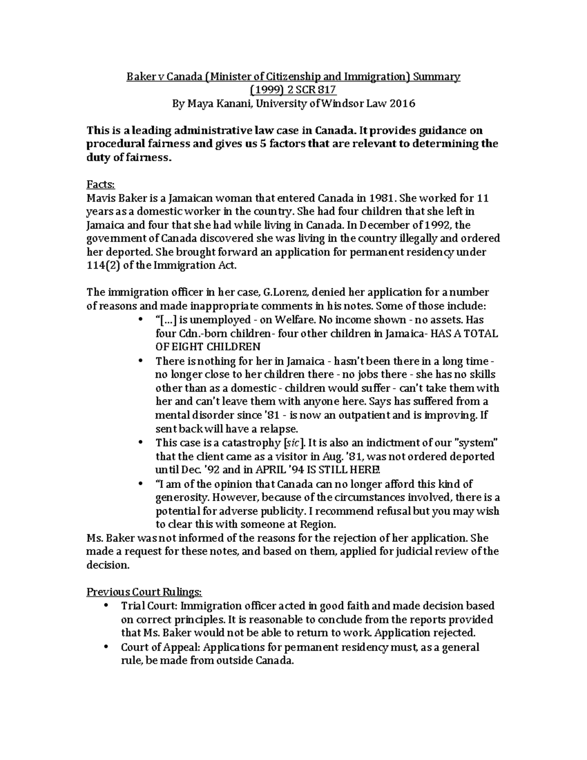 Baker v. Canada Summary Baker v Canada (Minister of Citizenship and