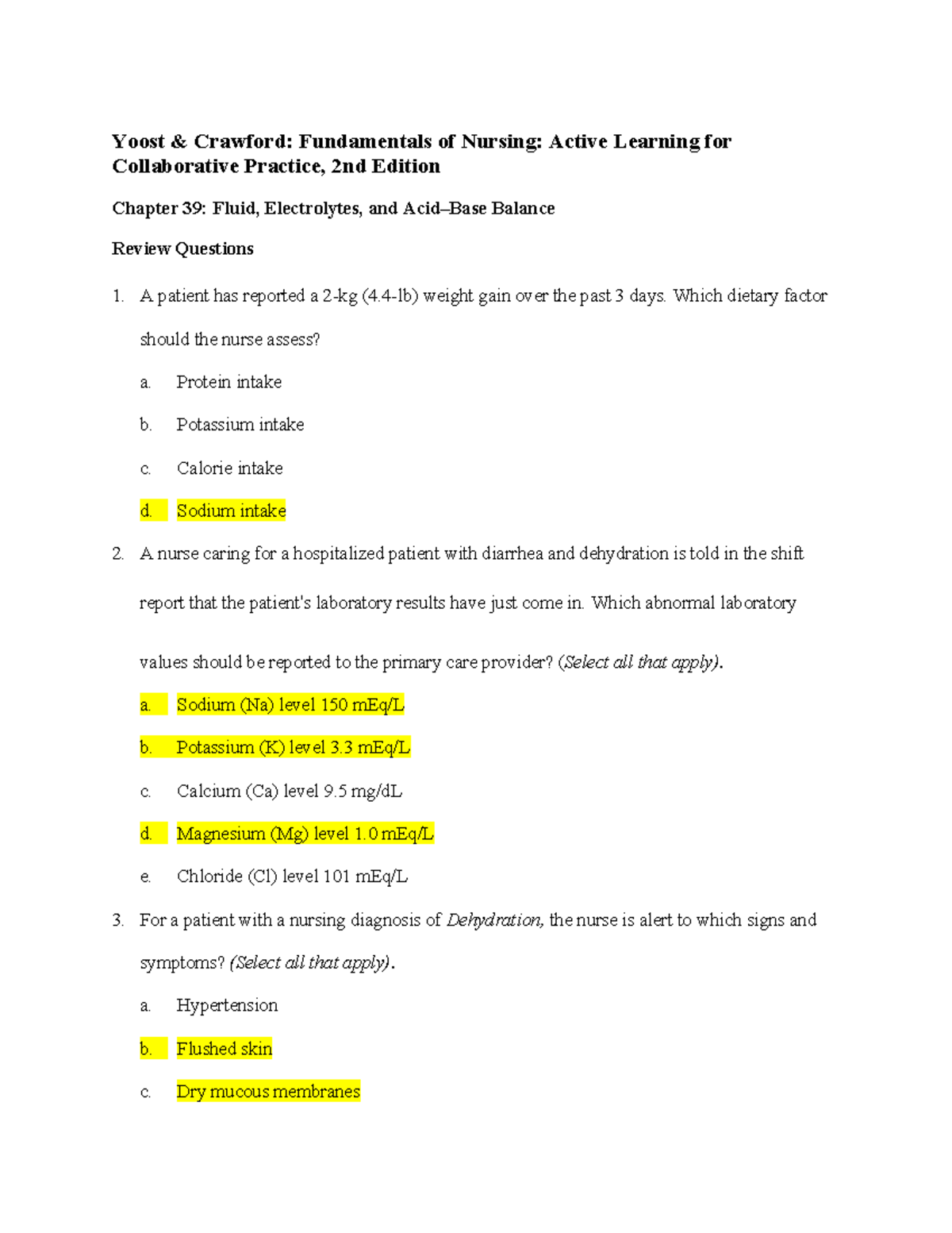 Chapter 039 - Fluid And Electrolyte Balance Practice Questions - Yoost ...